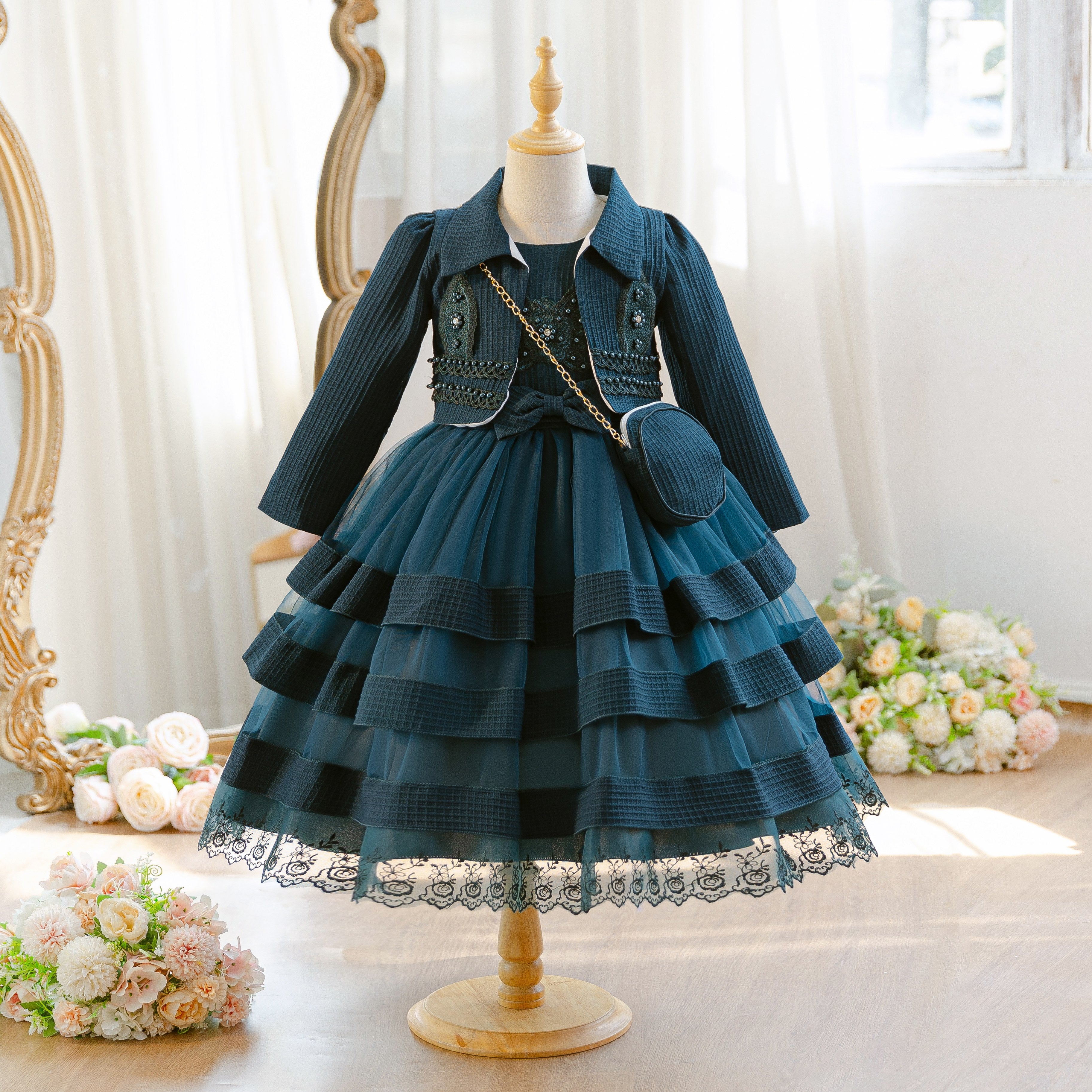 Wholesale 5-10Y Girls 3Pcs Rib Knit Lace Tiered Tulle Princess Dress Set, Kids Birthday Party Lapel Jacket Soft Fabric Formal Outfit With Mini Chain Bag