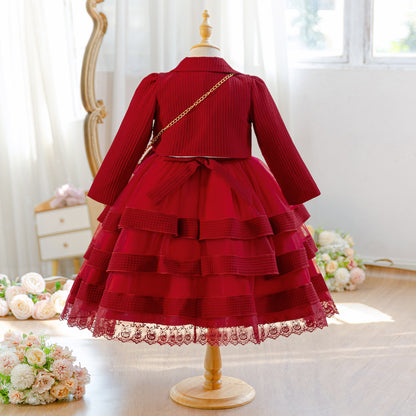 Wholesale 5-10Y Girls 3Pcs Rib Knit Lace Tiered Tulle Princess Dress Set, Kids Birthday Party Lapel Jacket Soft Fabric Formal Outfit With Mini Chain Bag