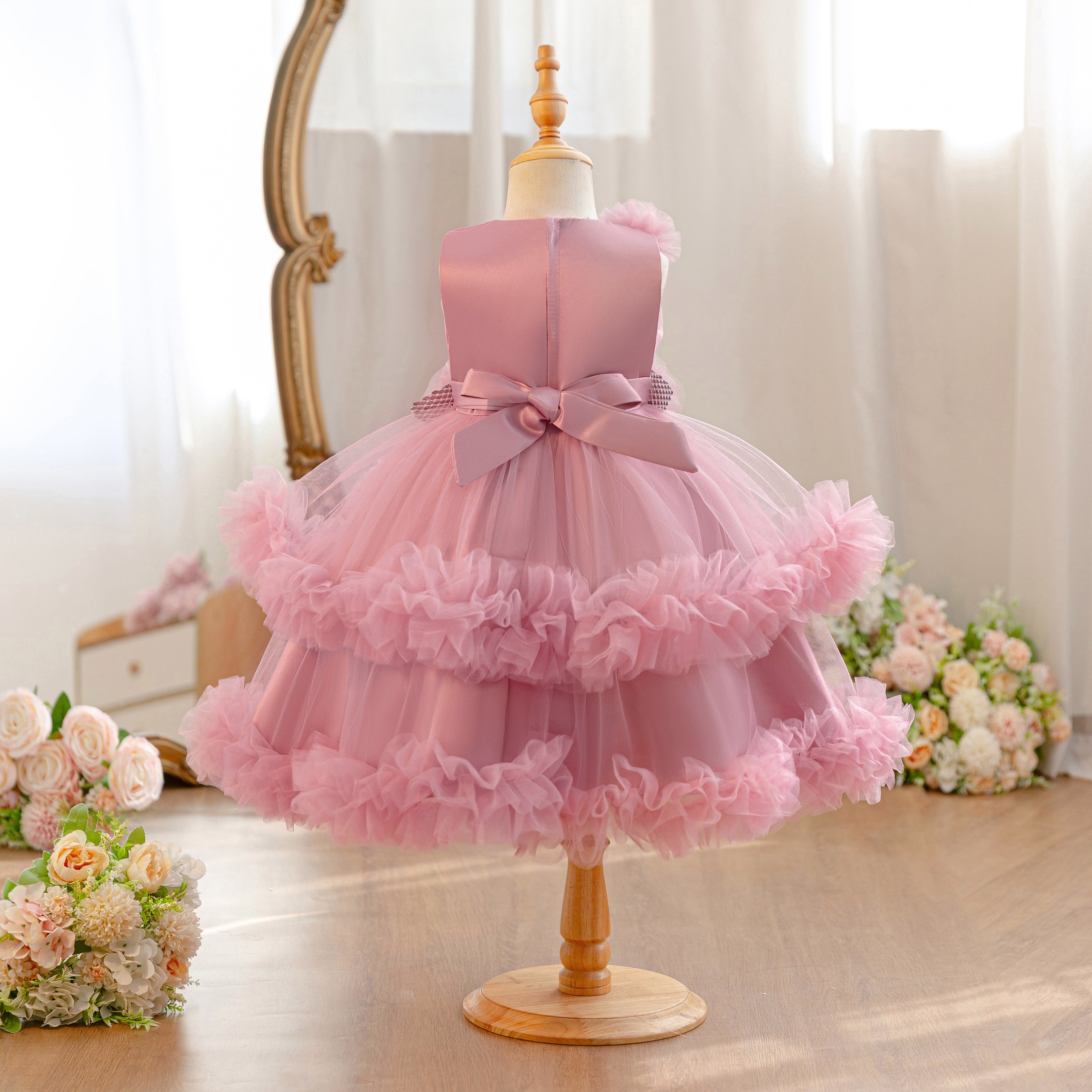 Wholesale 18M-7Y Girls Sleeveless 3D Flower Ruffle Tiered Tulle Princess Dress, Kids Birthday Party Soft Mesh Formal Gown