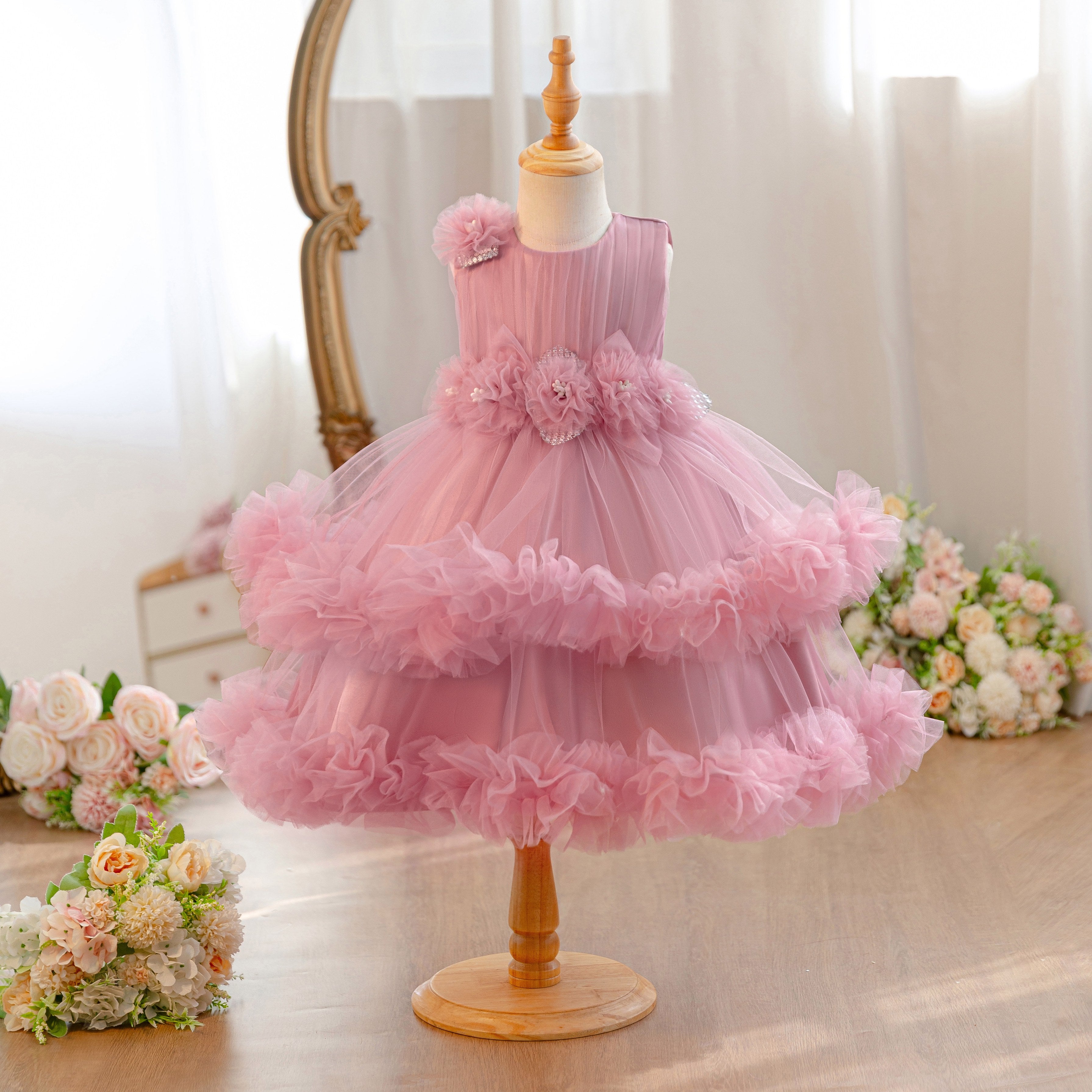 Wholesale 18M-7Y Girls Sleeveless 3D Flower Ruffle Tiered Tulle Princess Dress, Kids Birthday Party Soft Mesh Formal Gown