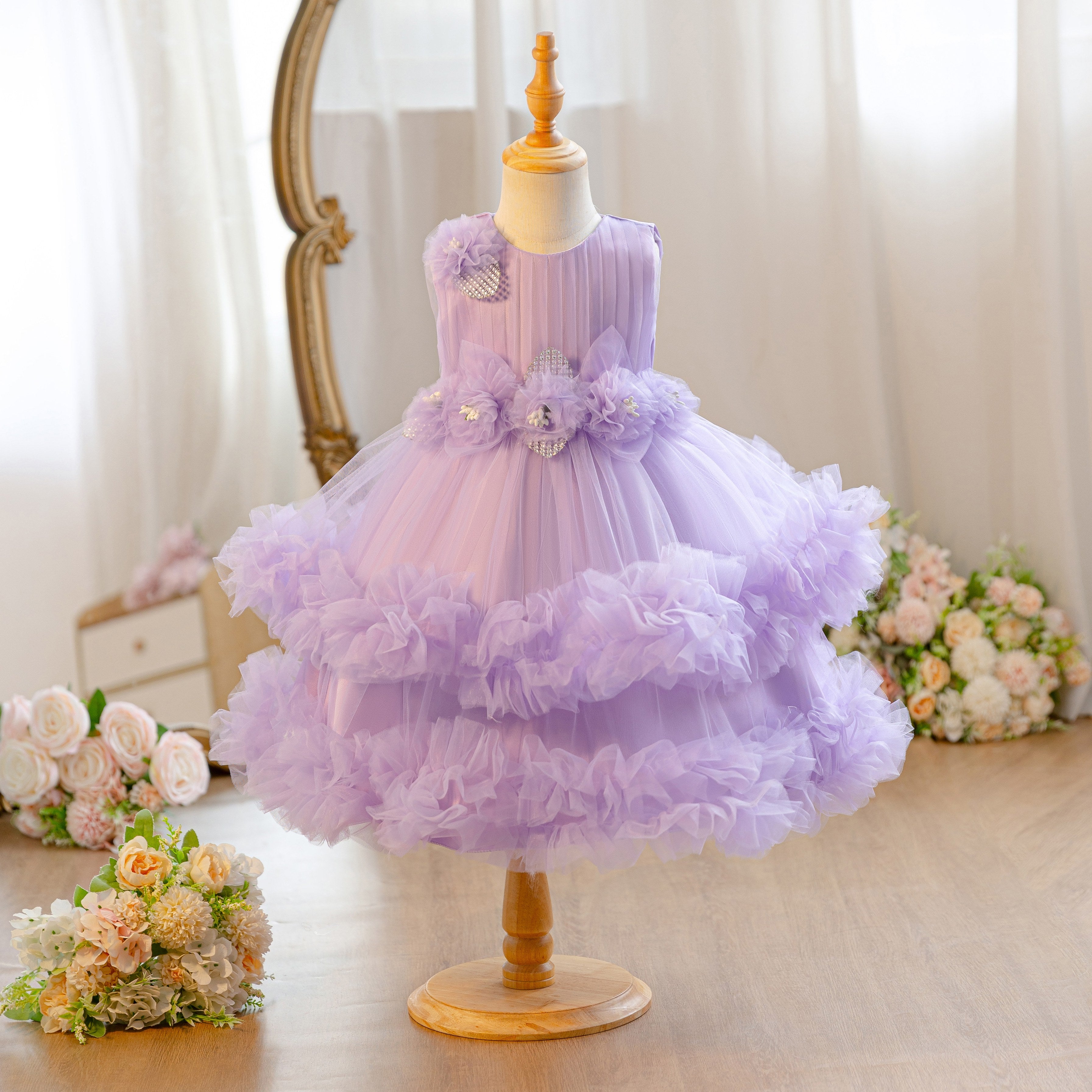 Wholesale 18M-7Y Girls Sleeveless 3D Flower Ruffle Tiered Tulle Princess Dress, Kids Birthday Party Soft Mesh Formal Gown