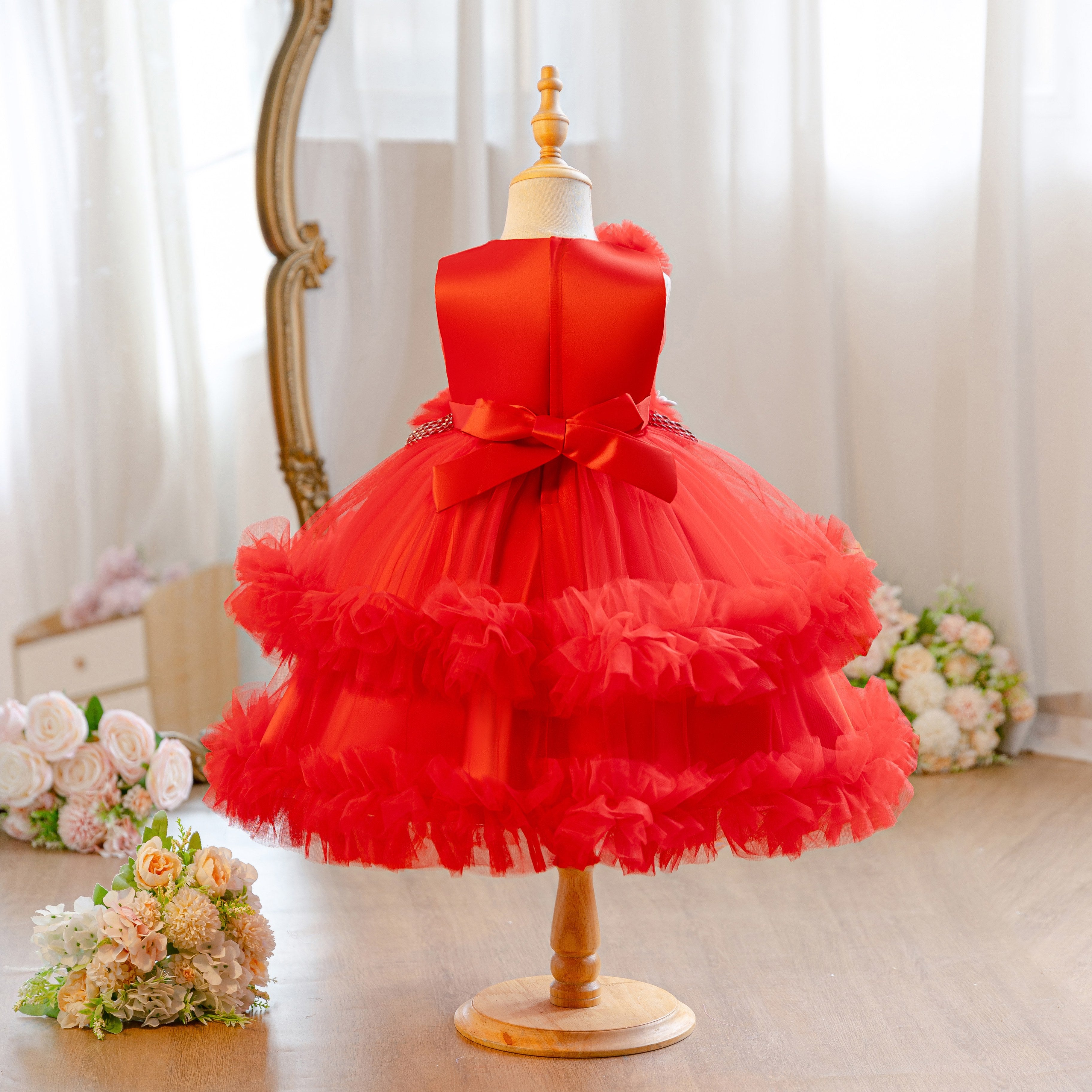 Wholesale 18M-7Y Girls Sleeveless 3D Flower Ruffle Tiered Tulle Princess Dress, Kids Birthday Party Soft Mesh Formal Gown