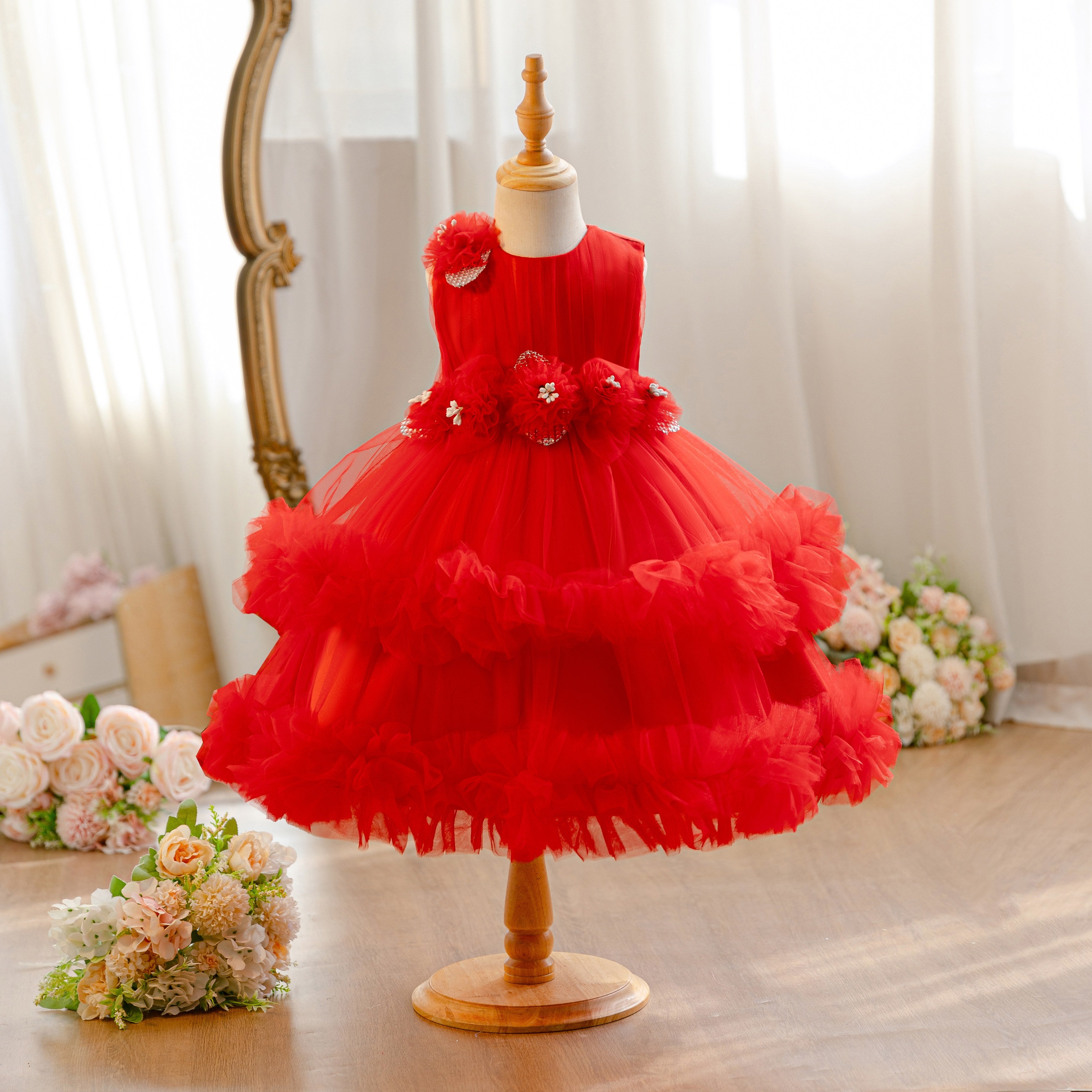 Wholesale 18M-7Y Girls Sleeveless 3D Flower Ruffle Tiered Tulle Princess Dress, Kids Birthday Party Soft Mesh Formal Gown