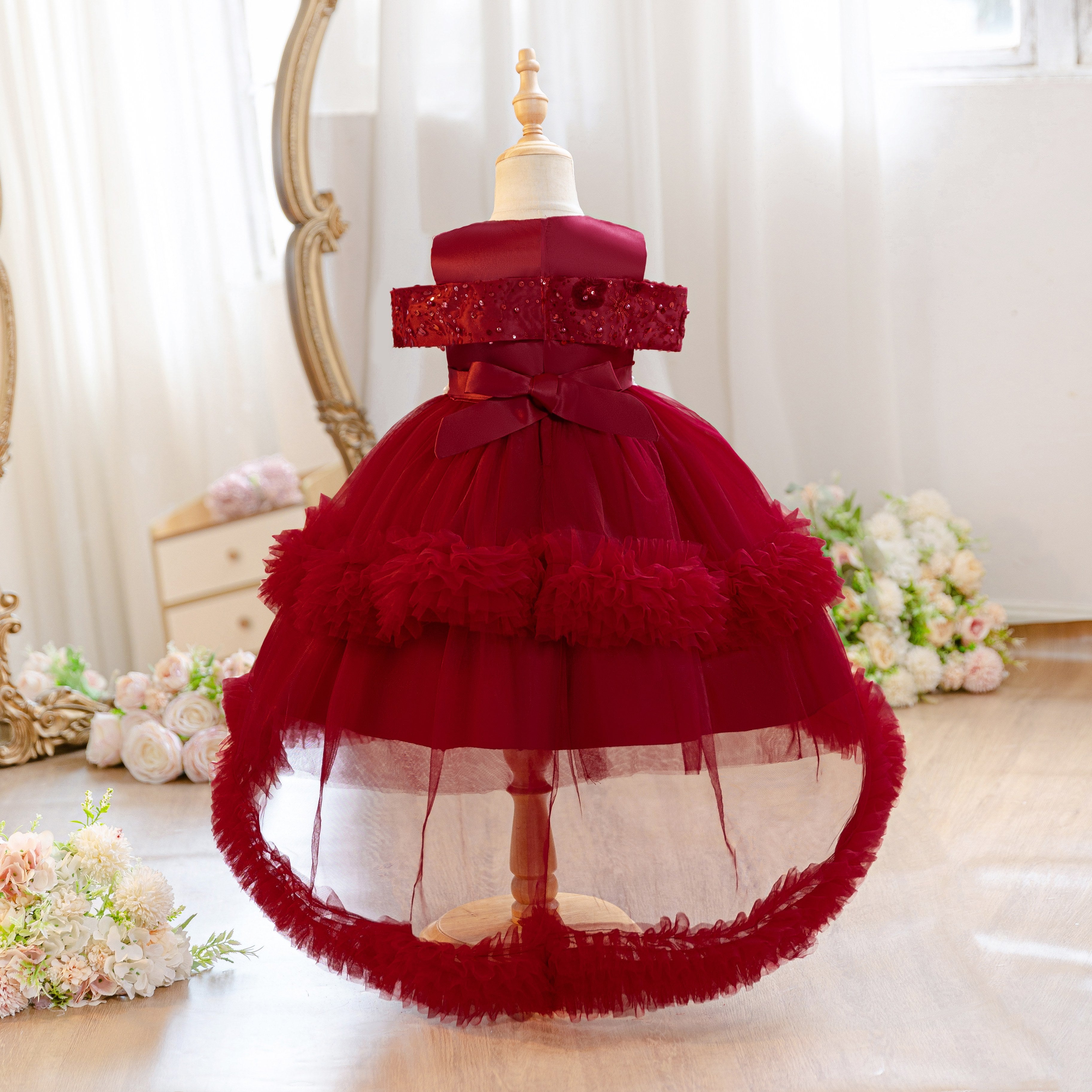 Wholesale 18M-7Y Girls Off Shoulder Sequin Tiered Tulle Princess Dress, Kids Birthday Party Bow Soft Mesh Formal Gown