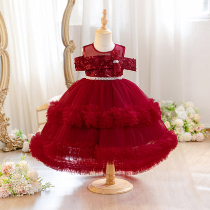 Wholesale 18M-7Y Girls Off Shoulder Sequin Tiered Tulle Princess Dress, Kids Birthday Party Bow Soft Mesh Formal Gown