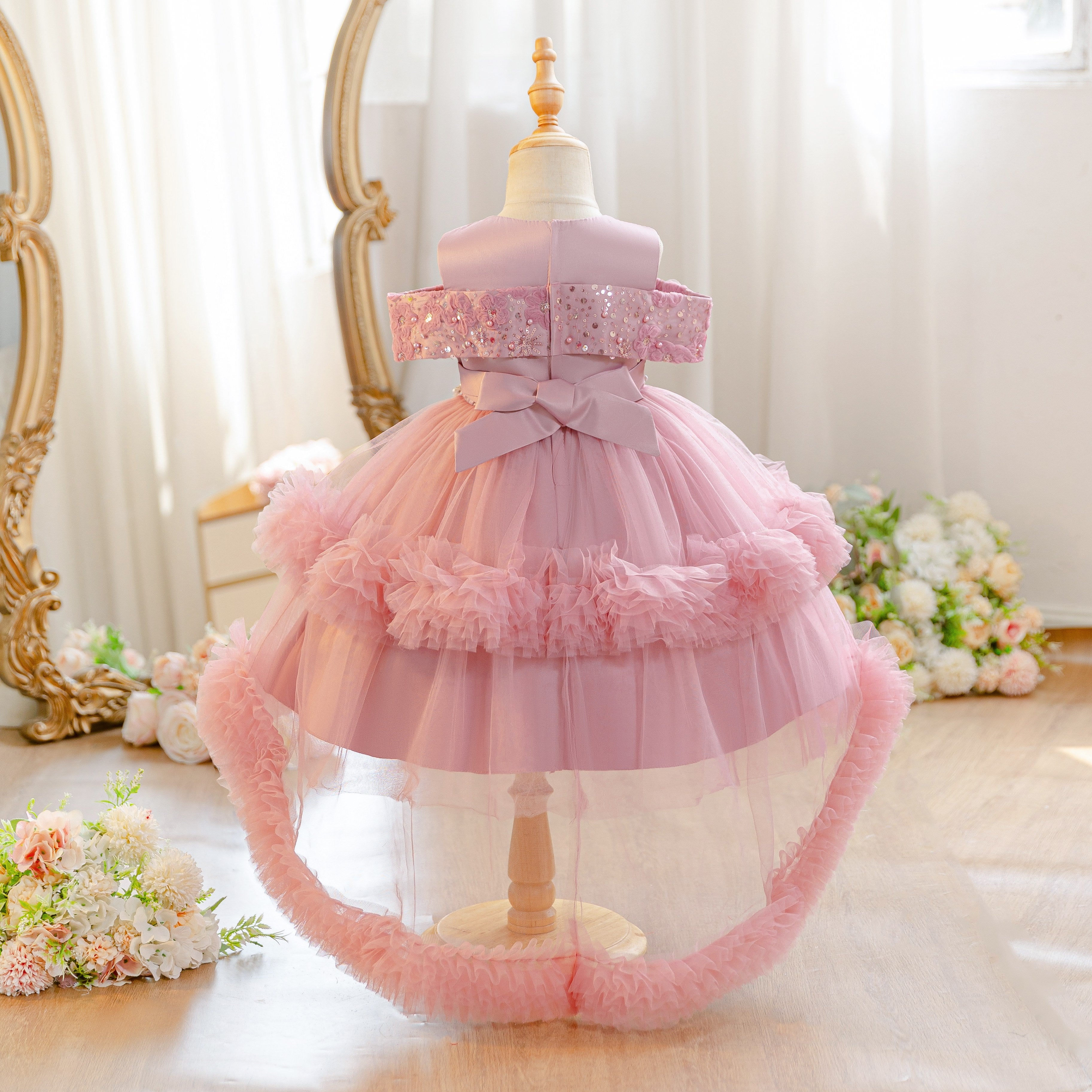 Wholesale 18M-7Y Girls Off Shoulder Sequin Tiered Tulle Princess Dress, Kids Birthday Party Bow Soft Mesh Formal Gown
