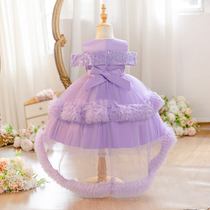 Wholesale 18M-7Y Girls Off Shoulder Sequin Tiered Tulle Princess Dress, Kids Birthday Party Bow Soft Mesh Formal Gown