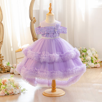 Wholesale 18M-7Y Girls Off Shoulder Sequin Tiered Tulle Princess Dress, Kids Birthday Party Bow Soft Mesh Formal Gown