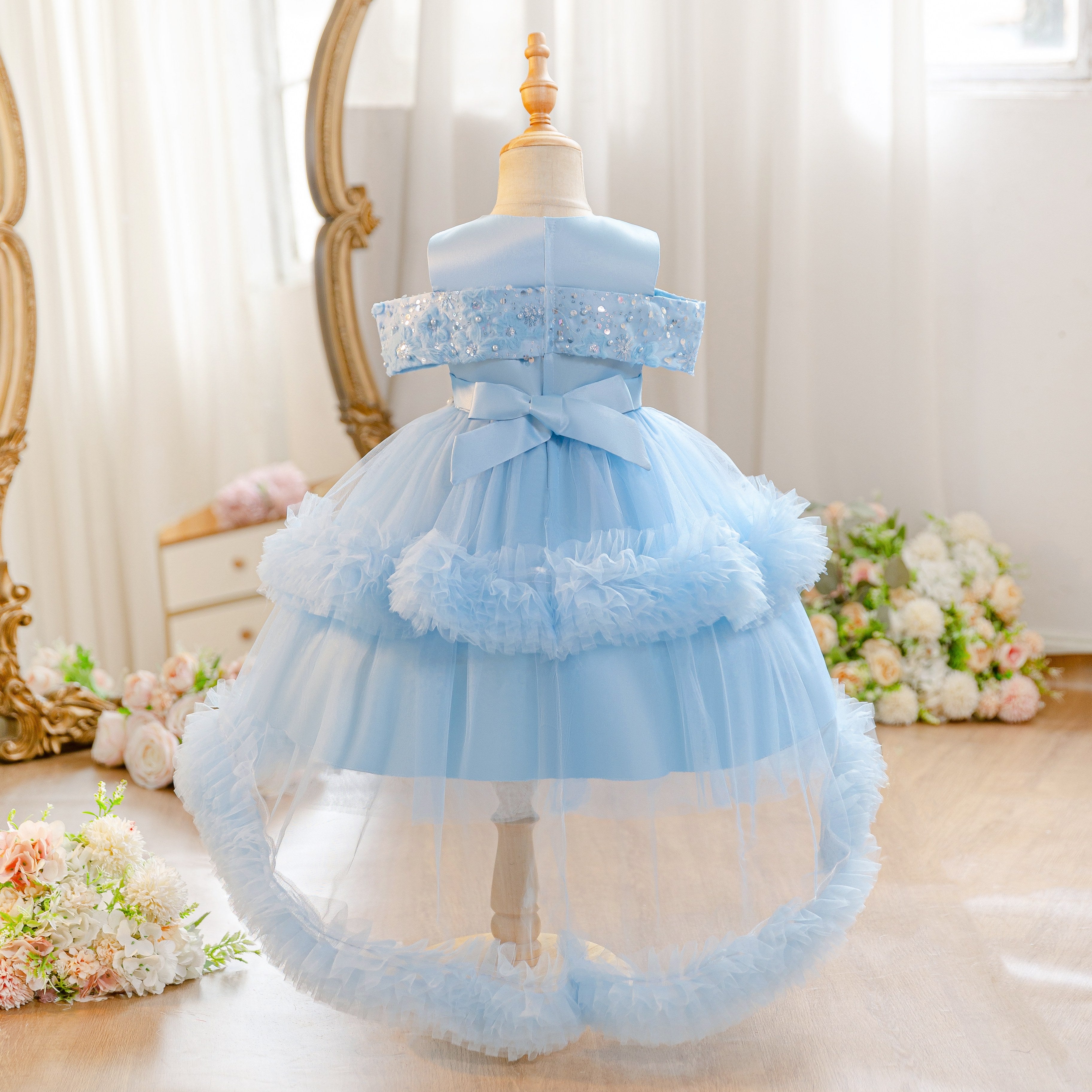 Wholesale 18M-7Y Girls Off Shoulder Sequin Tiered Tulle Princess Dress, Kids Birthday Party Bow Soft Mesh Formal Gown