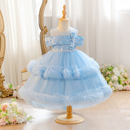 Wholesale 18M-7Y Girls Off Shoulder Sequin Tiered Tulle Princess Dress, Kids Birthday Party Bow Soft Mesh Formal Gown