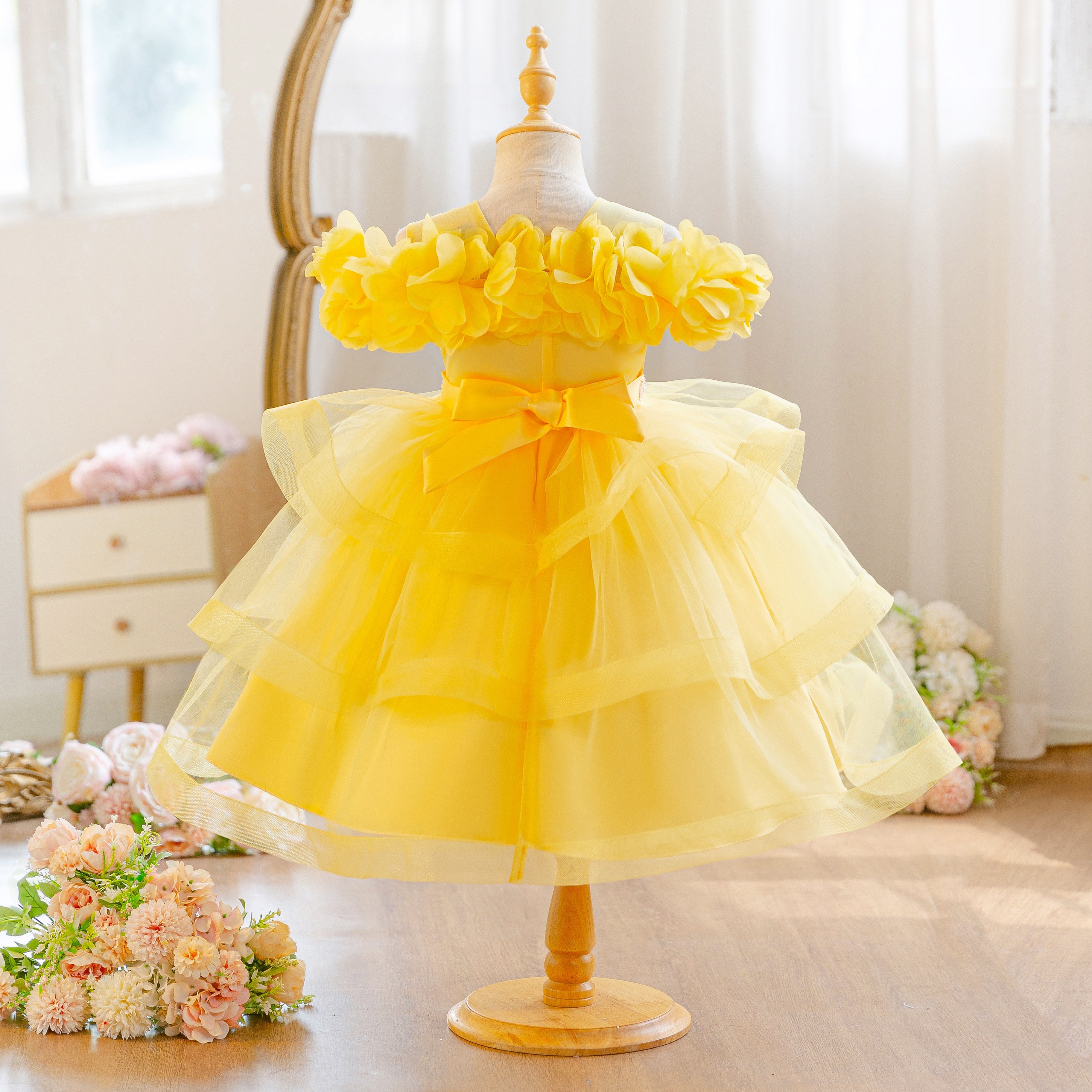 Wholesale 18M-7Y Girls Off Shoulder 3D Flower Tiered Tulle Princess Dress, Kids Birthday Party Rhinestone Waist Soft Mesh Formal Gown