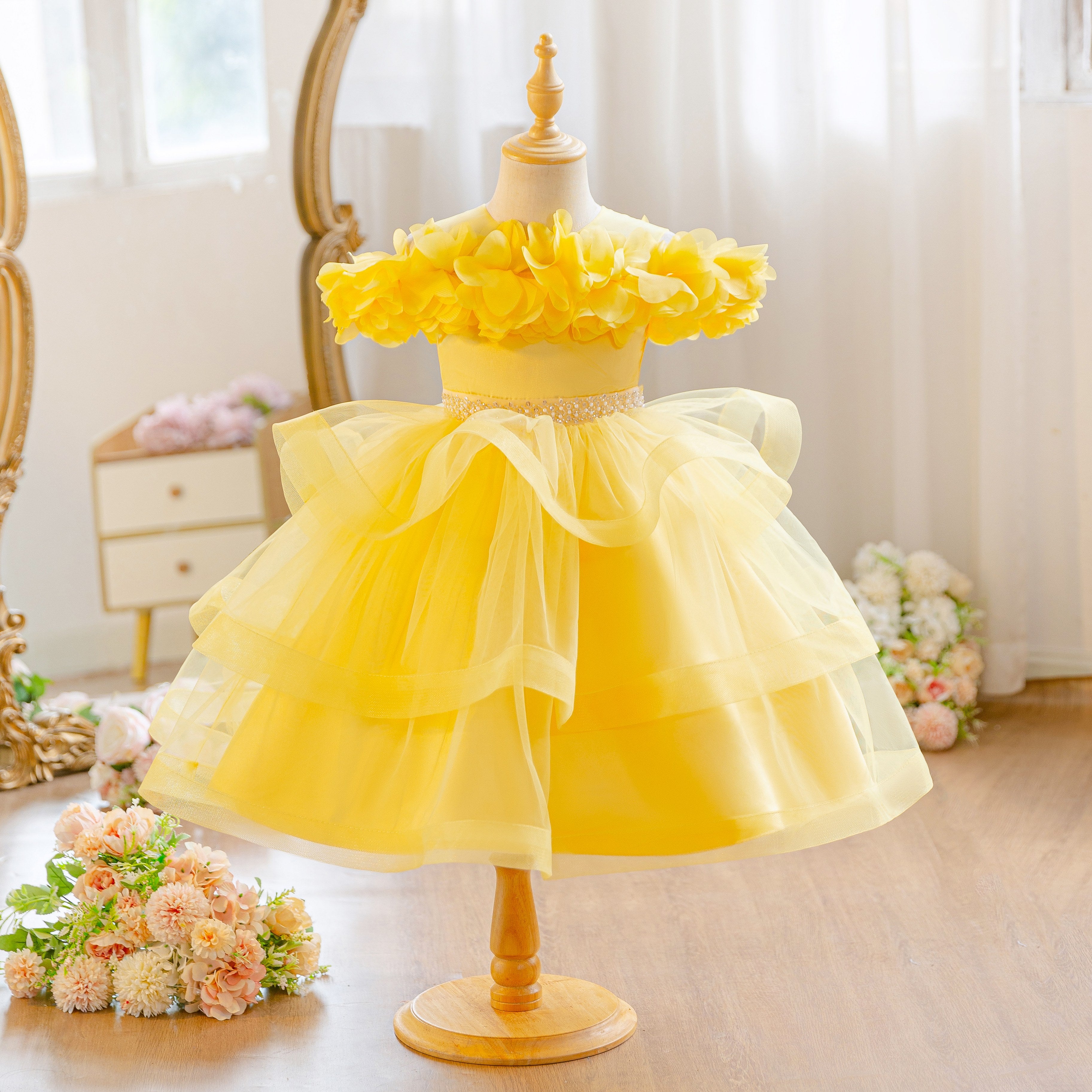 Wholesale 18M-7Y Girls Off Shoulder 3D Flower Tiered Tulle Princess Dress, Kids Birthday Party Rhinestone Waist Soft Mesh Formal Gown