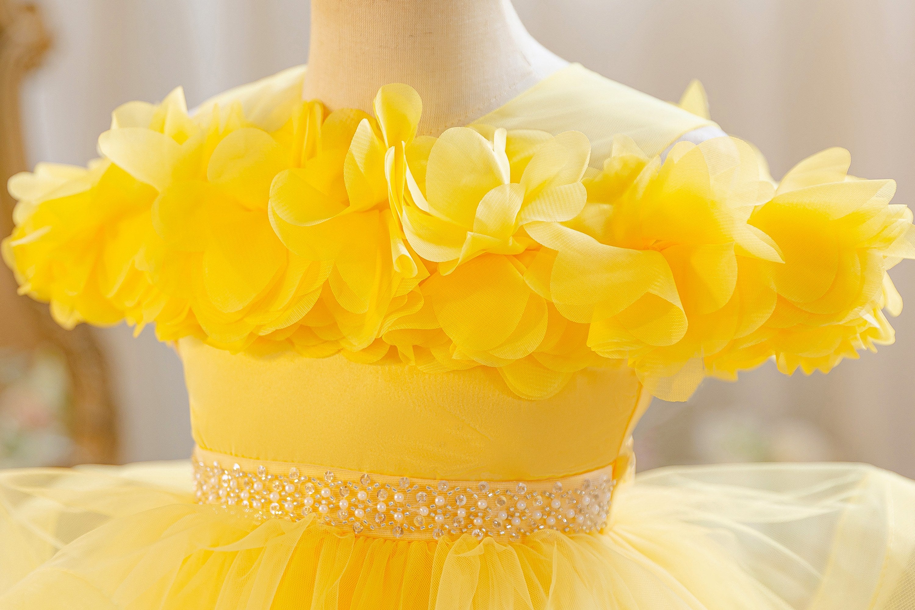 Wholesale 18M-7Y Girls Off Shoulder 3D Flower Tiered Tulle Princess Dress, Kids Birthday Party Rhinestone Waist Soft Mesh Formal Gown