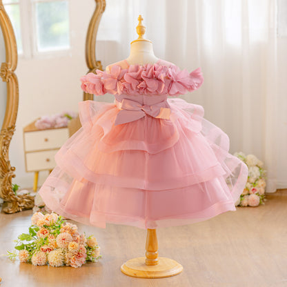 Wholesale 18M-7Y Girls Off Shoulder 3D Flower Tiered Tulle Princess Dress, Kids Birthday Party Rhinestone Waist Soft Mesh Formal Gown