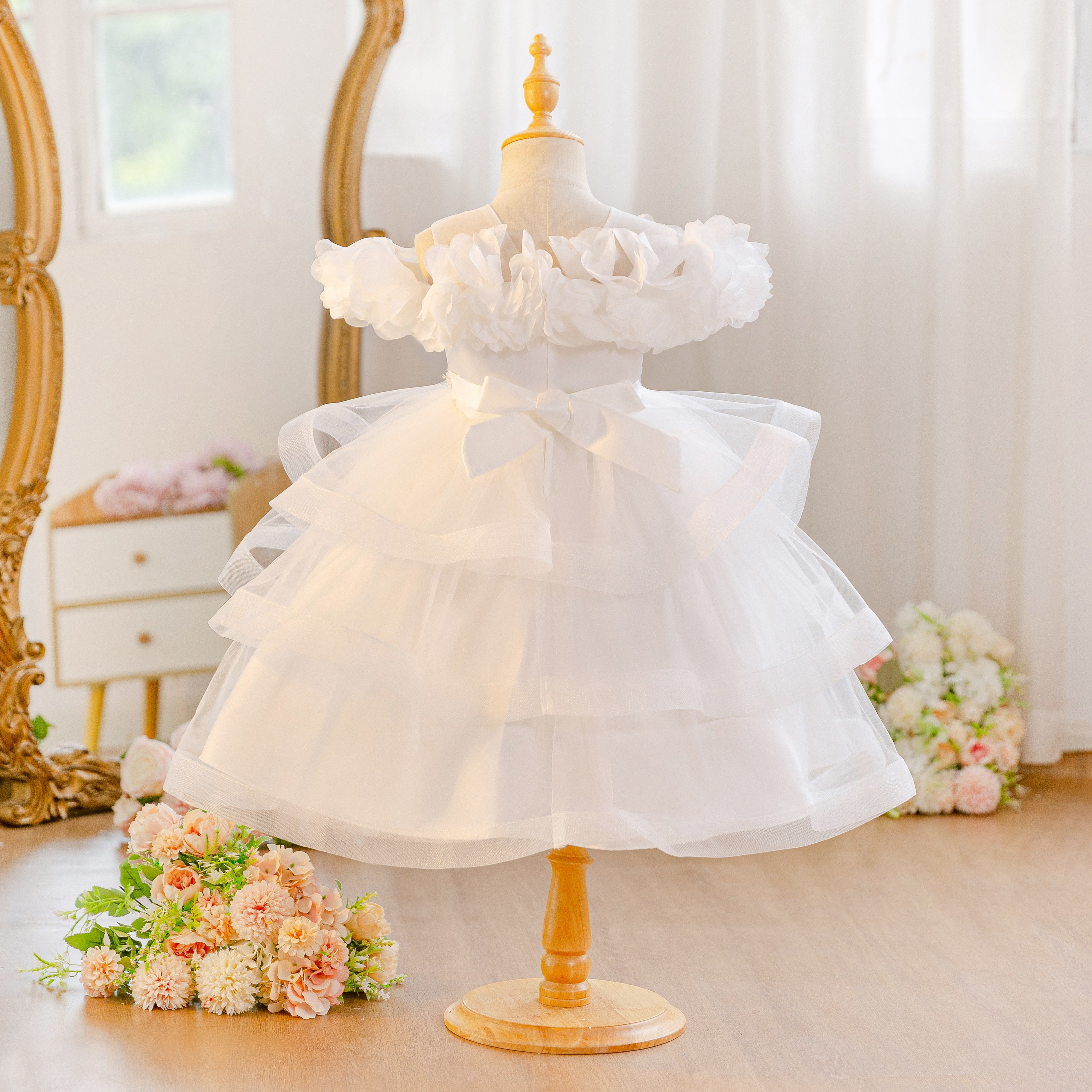 Wholesale 18M-7Y Girls Off Shoulder 3D Flower Tiered Tulle Princess Dress, Kids Birthday Party Rhinestone Waist Soft Mesh Formal Gown