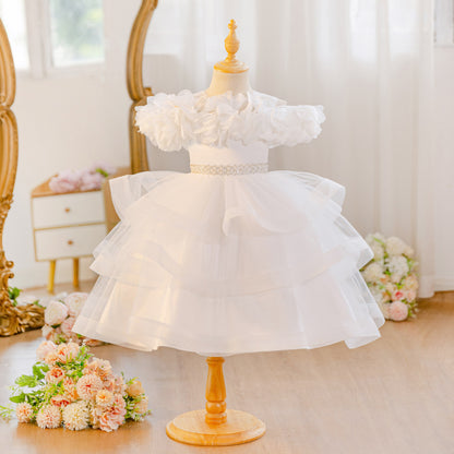 Wholesale 18M-7Y Girls Off Shoulder 3D Flower Tiered Tulle Princess Dress, Kids Birthday Party Rhinestone Waist Soft Mesh Formal Gown