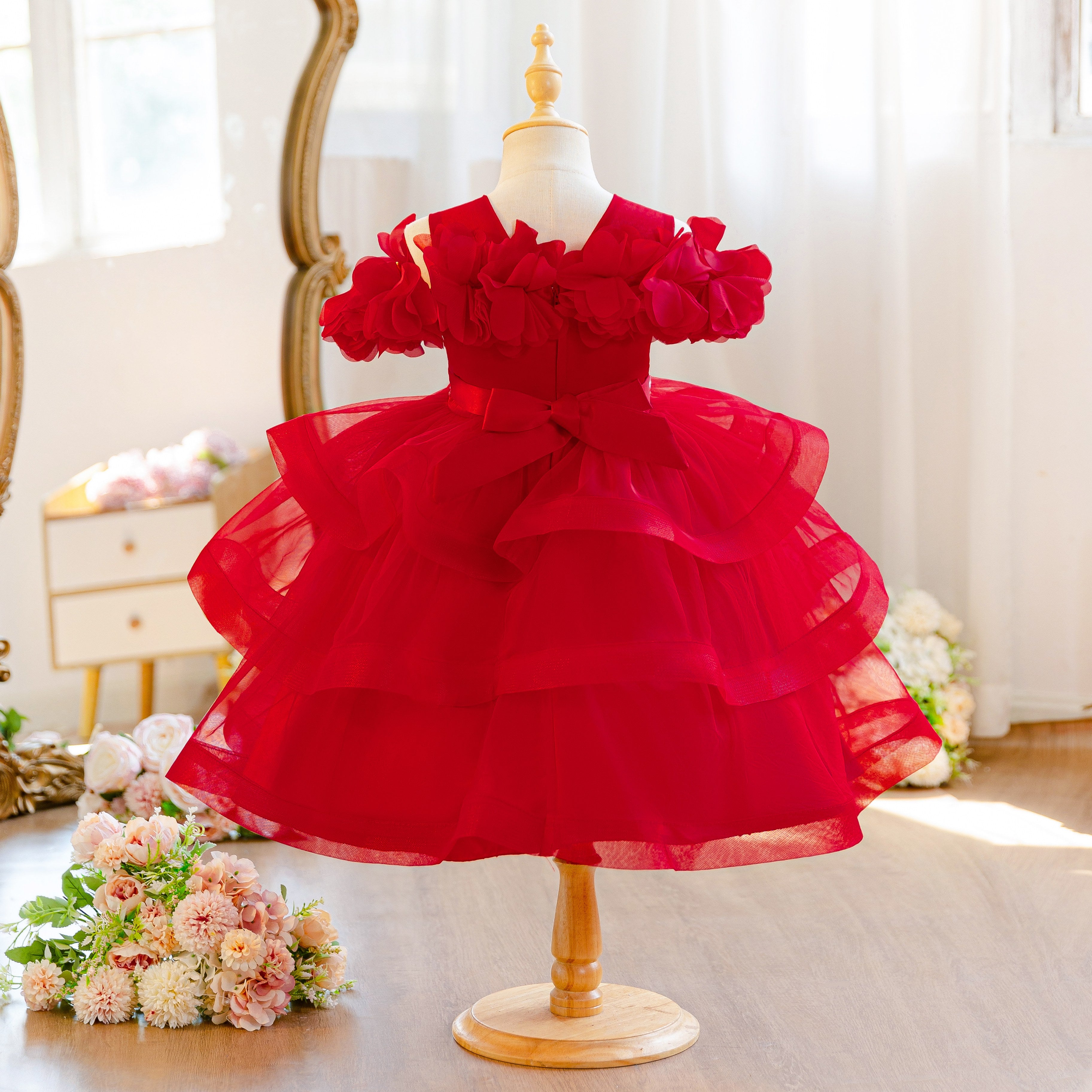 Wholesale 18M-7Y Girls Off Shoulder 3D Flower Tiered Tulle Princess Dress, Kids Birthday Party Rhinestone Waist Soft Mesh Formal Gown