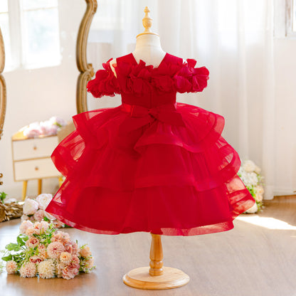 Wholesale 18M-7Y Girls Off Shoulder 3D Flower Tiered Tulle Princess Dress, Kids Birthday Party Rhinestone Waist Soft Mesh Formal Gown
