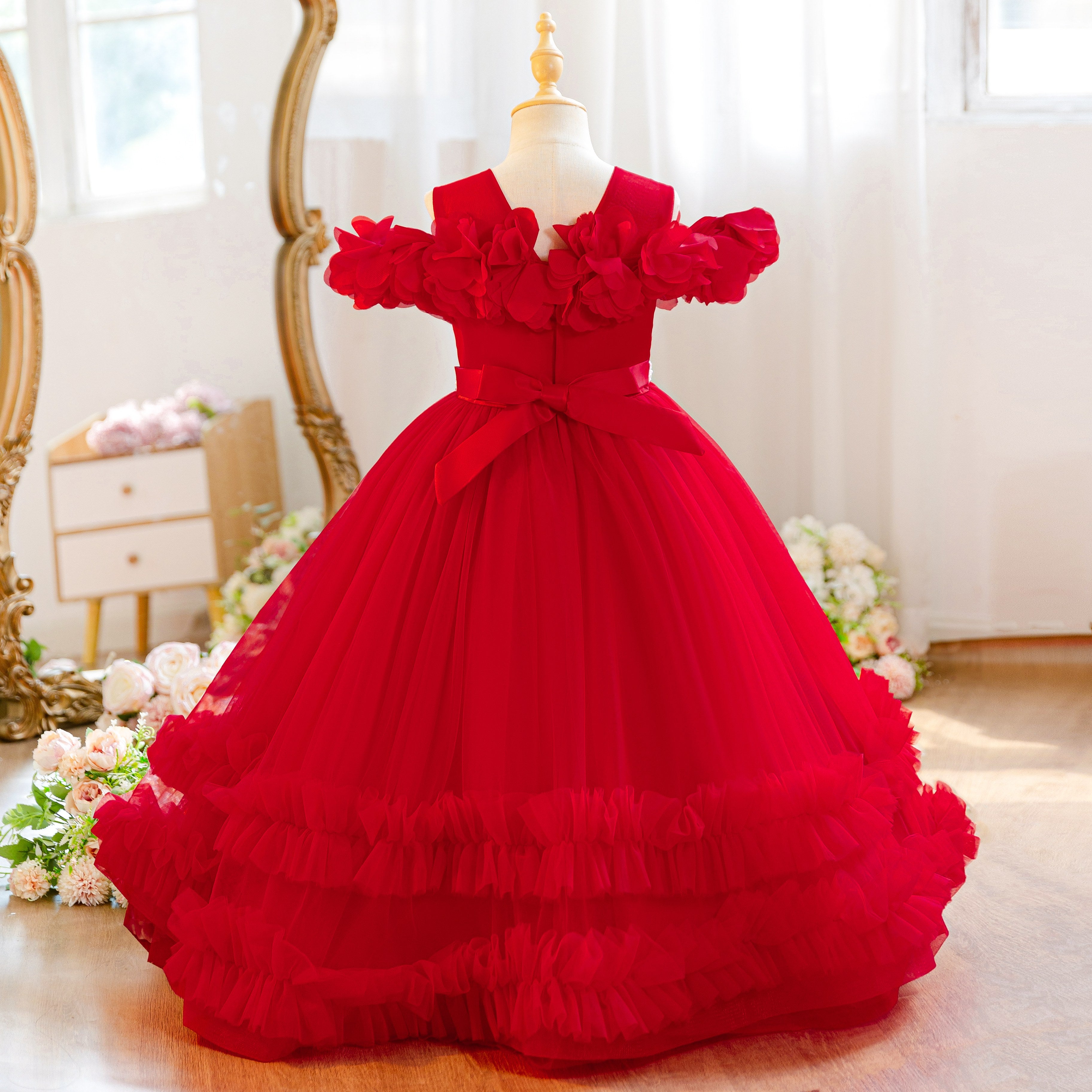 Wholesale 5-11Y Girls Off Shoulder 3D Flower Tulle Princess Dress, Kids Birthday Party Rhinestone Waist Soft Mesh Formal Gown