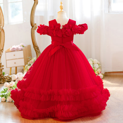 Wholesale 5-11Y Girls Off Shoulder 3D Flower Tulle Princess Dress, Kids Birthday Party Rhinestone Waist Soft Mesh Formal Gown