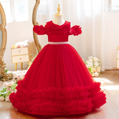 Wholesale 5-11Y Girls Off Shoulder 3D Flower Tulle Princess Dress, Kids Birthday Party Rhinestone Waist Soft Mesh Formal Gown