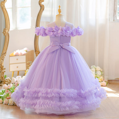 Wholesale 5-11Y Girls Off Shoulder 3D Flower Tulle Princess Dress, Kids Birthday Party Rhinestone Waist Soft Mesh Formal Gown
