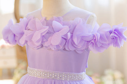 Wholesale 5-11Y Girls Off Shoulder 3D Flower Tulle Princess Dress, Kids Birthday Party Rhinestone Waist Soft Mesh Formal Gown