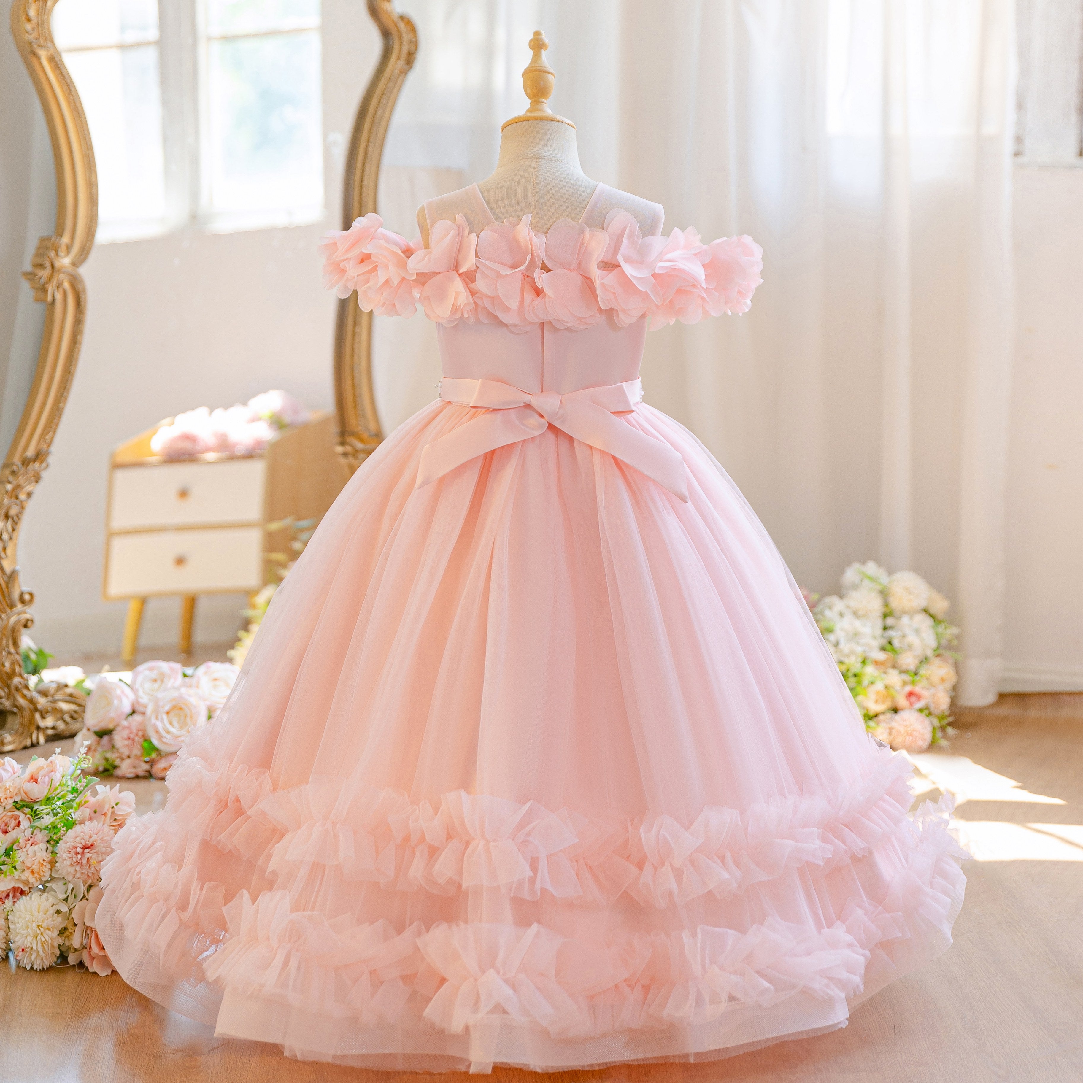 Wholesale 5-11Y Girls Off Shoulder 3D Flower Tulle Princess Dress, Kids Birthday Party Rhinestone Waist Soft Mesh Formal Gown