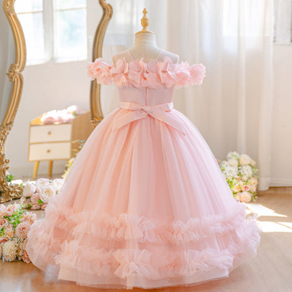 Wholesale 5-11Y Girls Off Shoulder 3D Flower Tulle Princess Dress, Kids Birthday Party Rhinestone Waist Soft Mesh Formal Gown