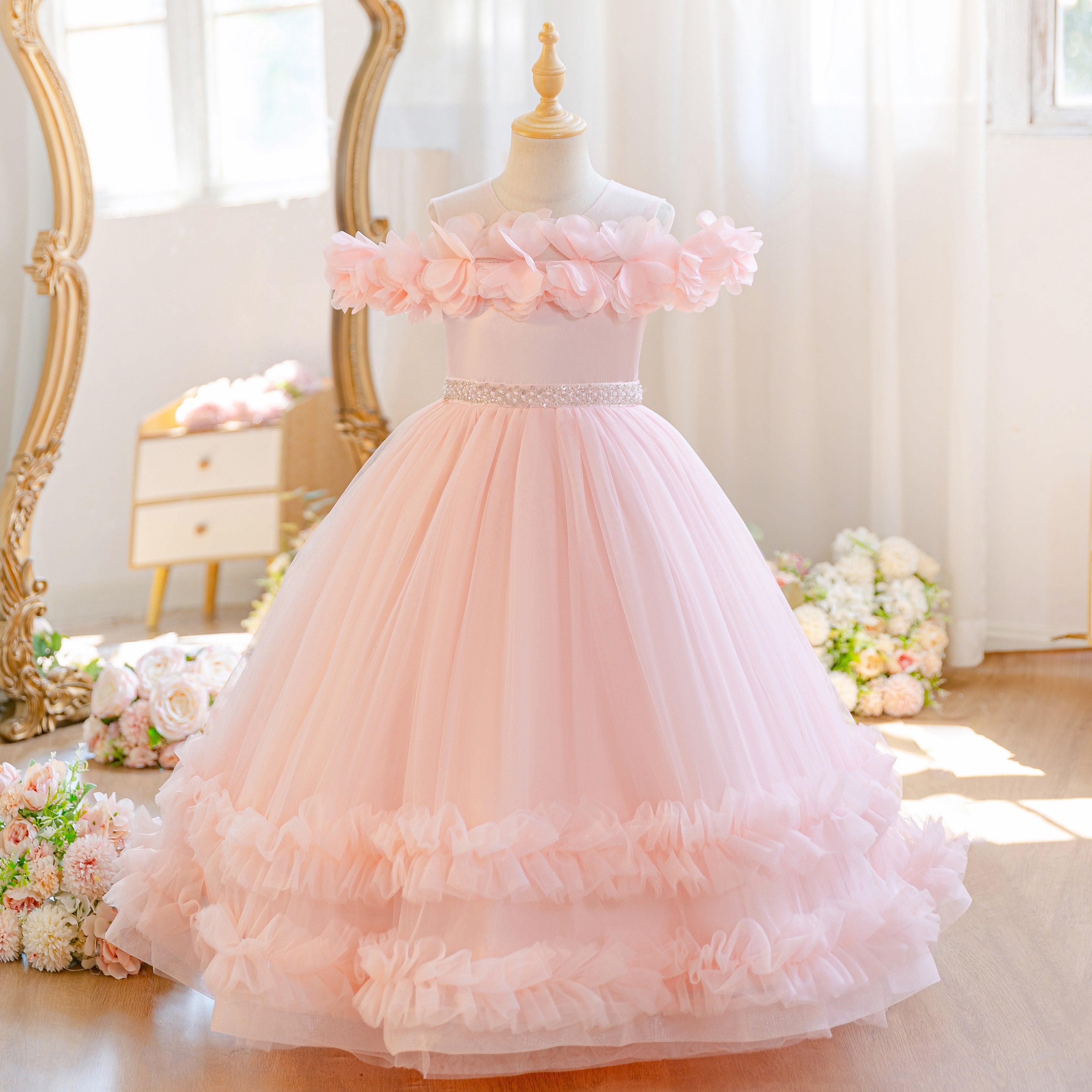 Wholesale 5-11Y Girls Off Shoulder 3D Flower Tulle Princess Dress, Kids Birthday Party Rhinestone Waist Soft Mesh Formal Gown