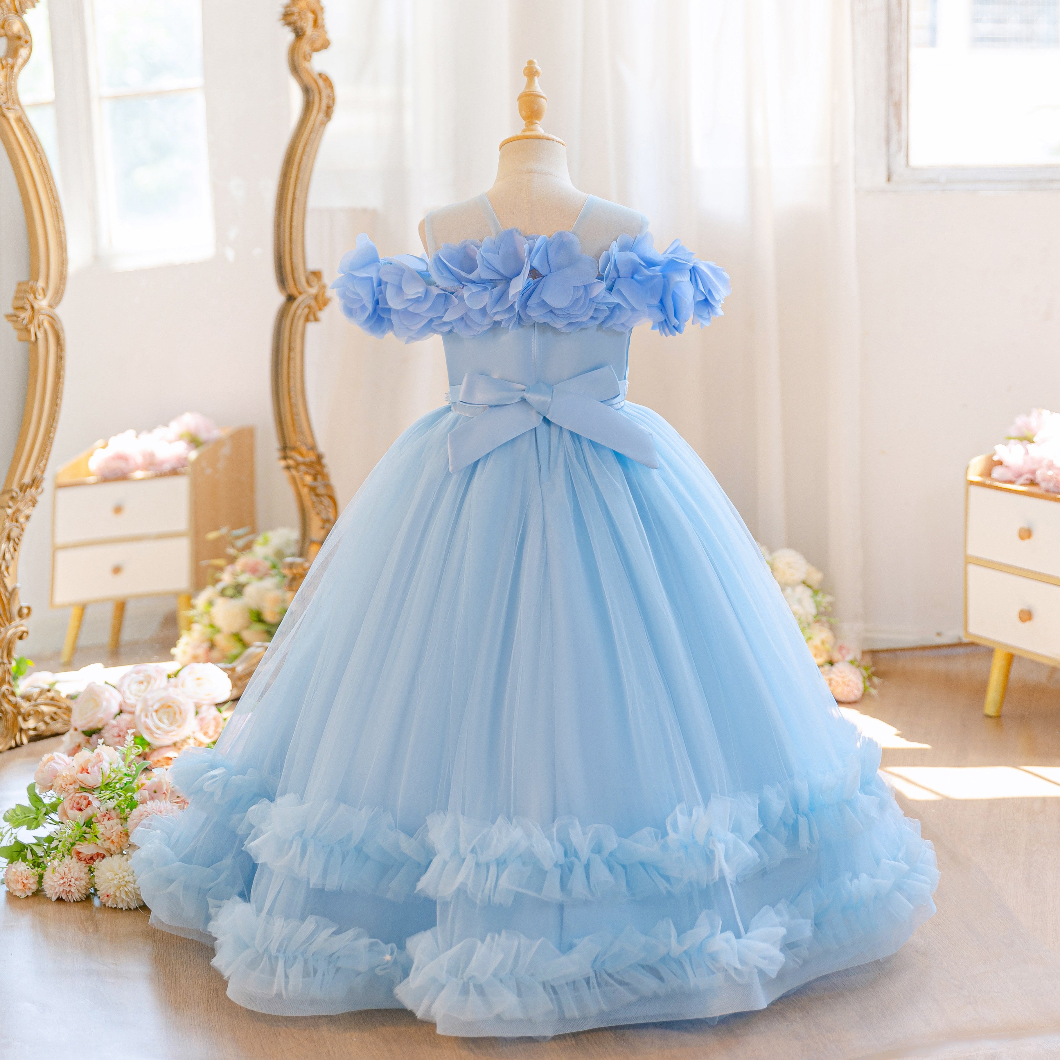 Wholesale 5-11Y Girls Off Shoulder 3D Flower Tulle Princess Dress, Kids Birthday Party Rhinestone Waist Soft Mesh Formal Gown