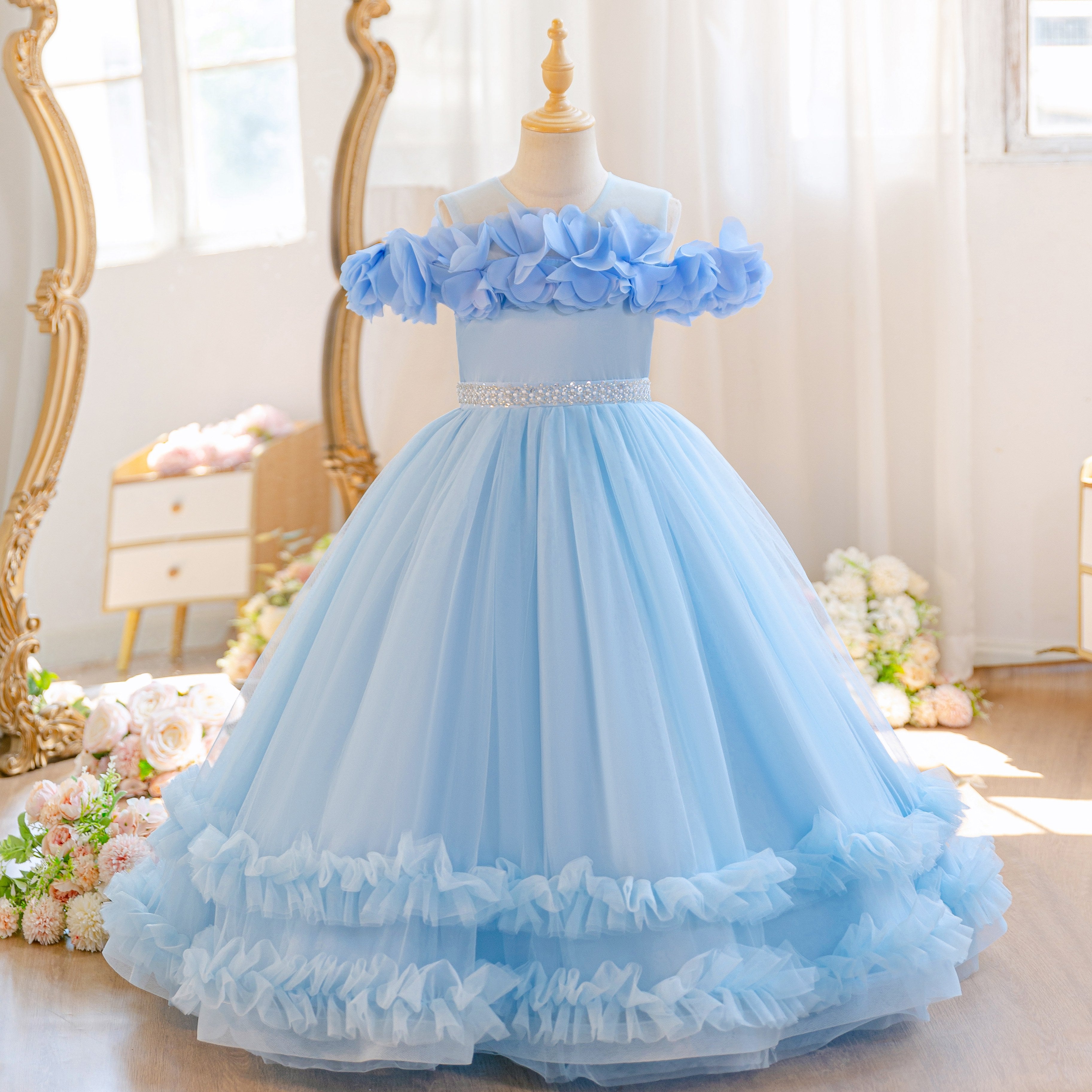 Wholesale 5-11Y Girls Off Shoulder 3D Flower Tulle Princess Dress, Kids Birthday Party Rhinestone Waist Soft Mesh Formal Gown