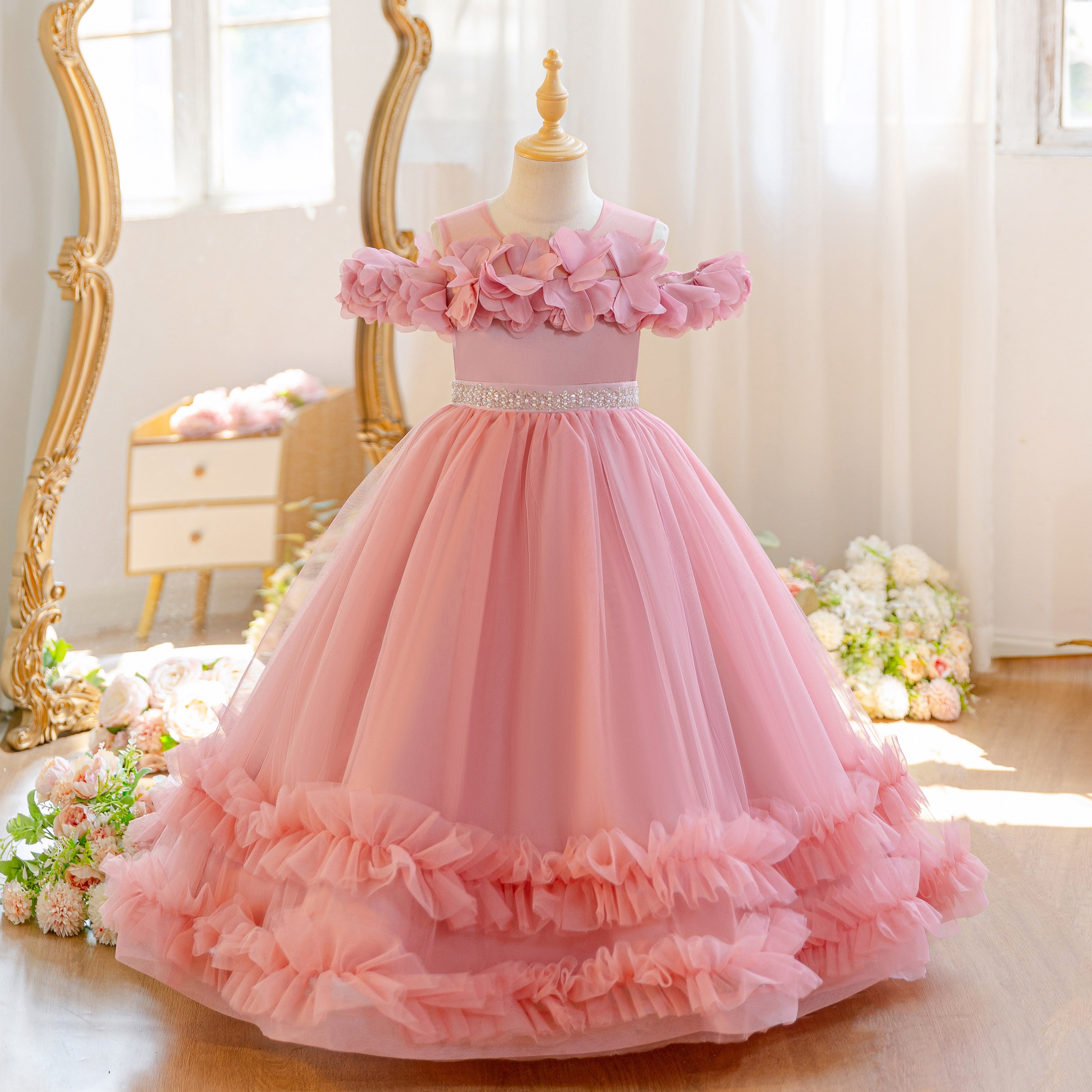 Wholesale 5-11Y Girls Off Shoulder 3D Flower Tulle Princess Dress, Kids Birthday Party Rhinestone Waist Soft Mesh Formal Gown