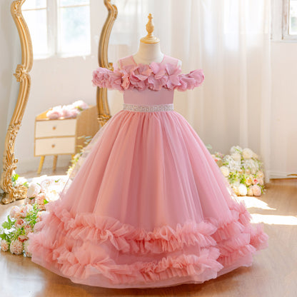 Wholesale 5-11Y Girls Off Shoulder 3D Flower Tulle Princess Dress, Kids Birthday Party Rhinestone Waist Soft Mesh Formal Gown