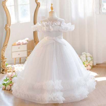 Wholesale 5-11Y Girls Off Shoulder 3D Flower Tulle Princess Dress, Kids Birthday Party Rhinestone Waist Soft Mesh Formal Gown