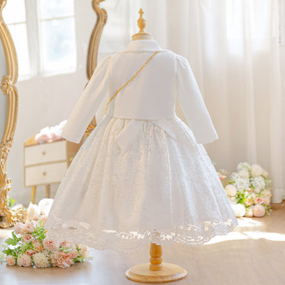 Wholesale 4-10Y Girls 3Pcs Lace Princess Dress Set, Kids Birthday Party Blazer Coat Soft Woven Formal Outfit with Mini Bag