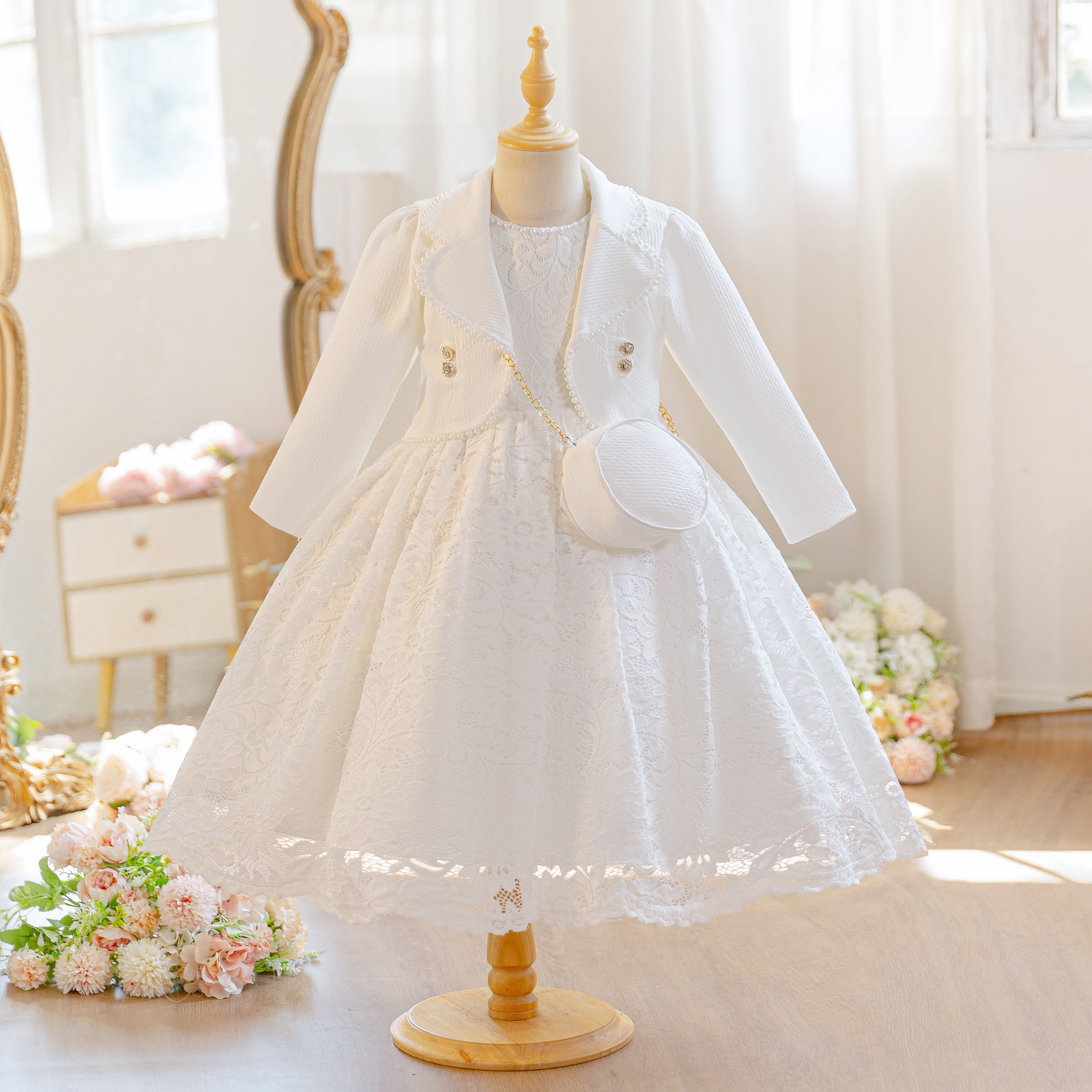 Wholesale 4-10Y Girls 3Pcs Lace Princess Dress Set, Kids Birthday Party Blazer Coat Soft Woven Formal Outfit with Mini Bag