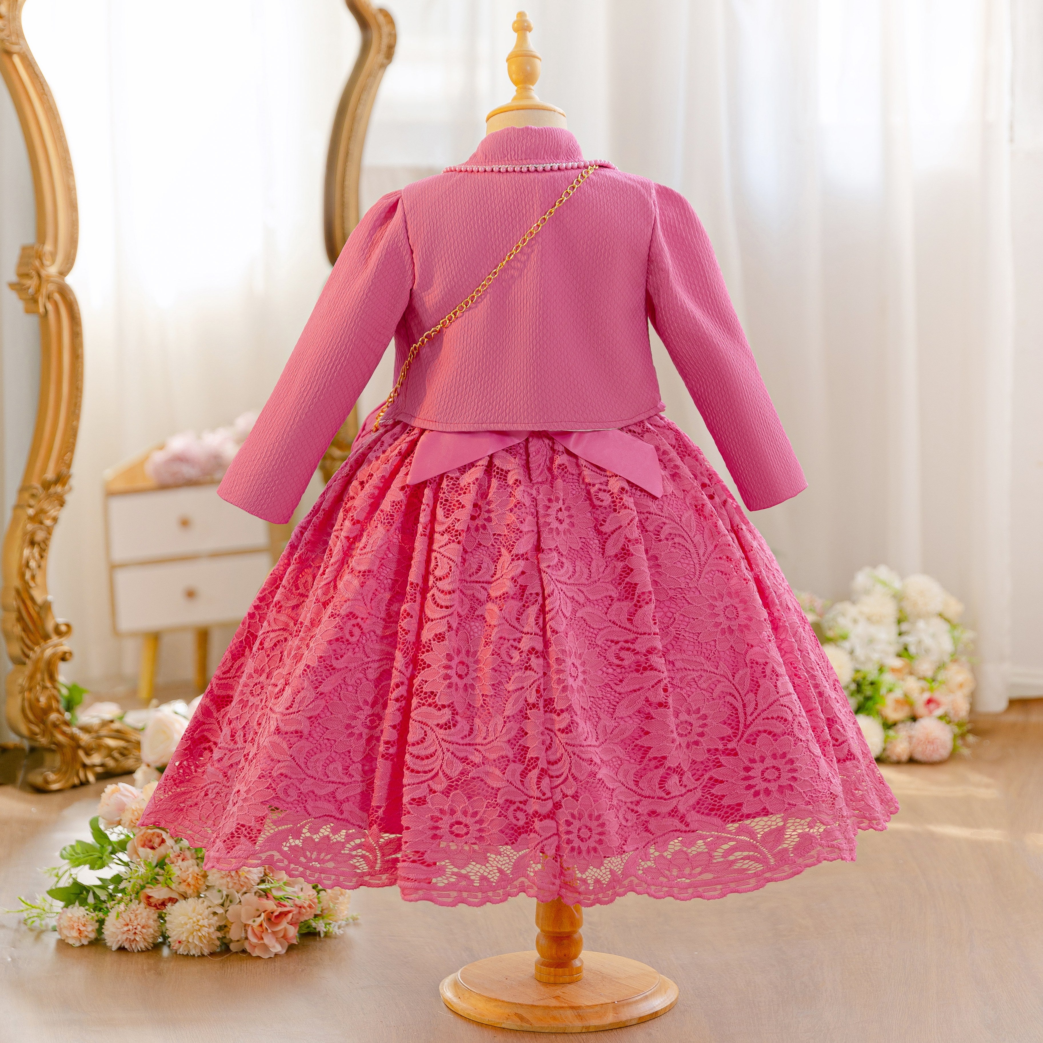 Wholesale 4-10Y Girls 3Pcs Lace Princess Dress Set, Kids Birthday Party Blazer Coat Soft Woven Formal Outfit with Mini Bag
