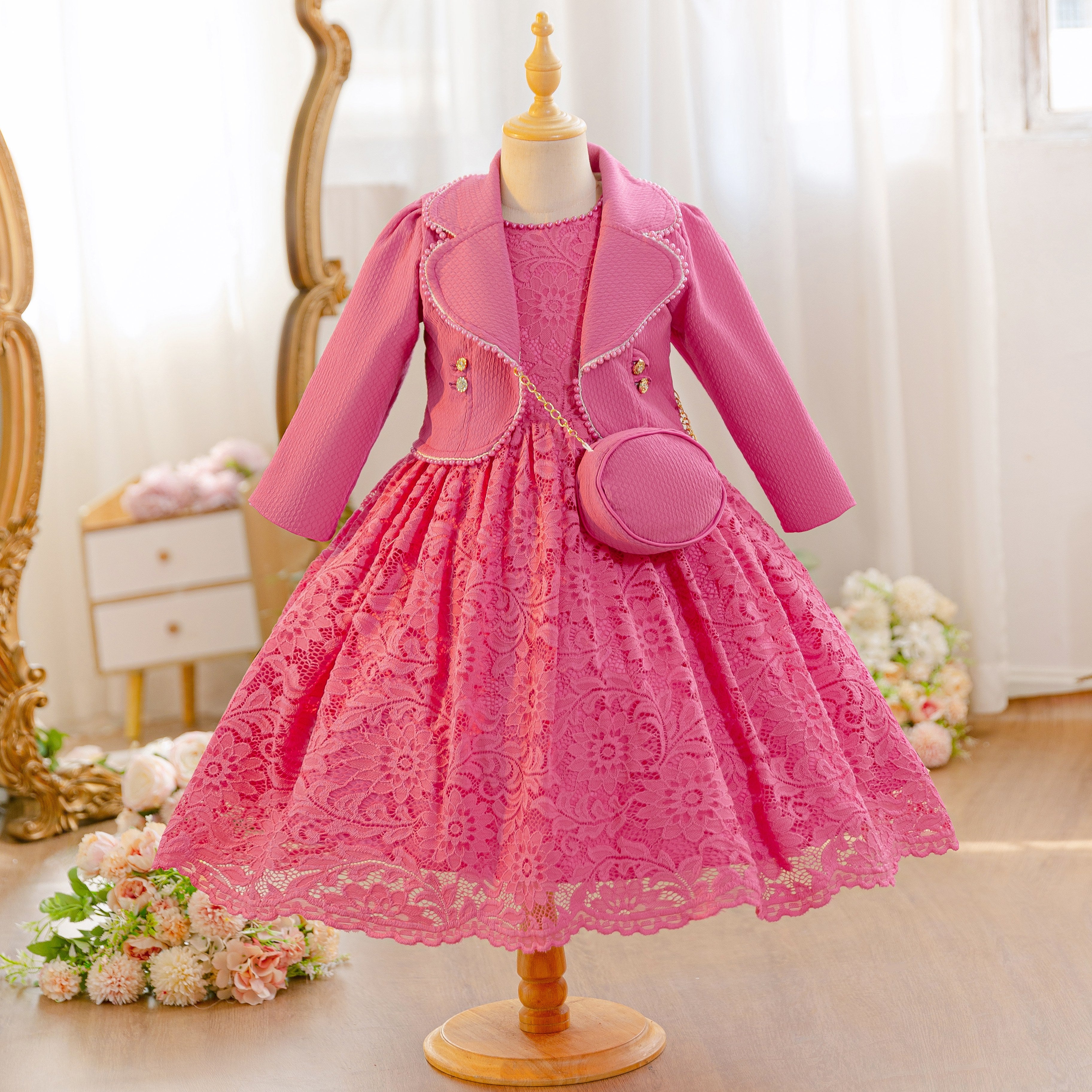 Wholesale 4-10Y Girls 3Pcs Lace Princess Dress Set, Kids Birthday Party Blazer Coat Soft Woven Formal Outfit with Mini Bag
