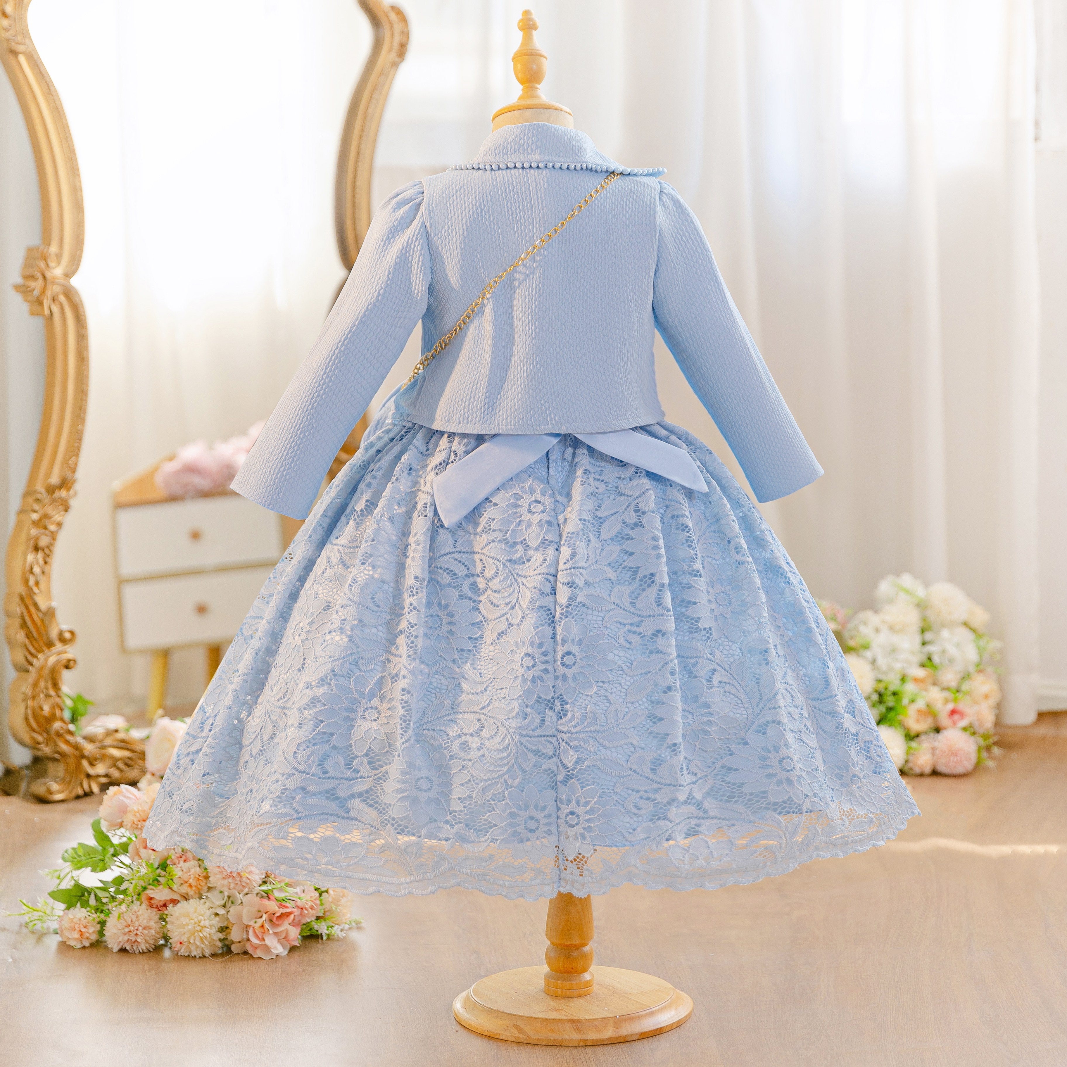 Wholesale 4-10Y Girls 3Pcs Lace Princess Dress Set, Kids Birthday Party Blazer Coat Soft Woven Formal Outfit with Mini Bag