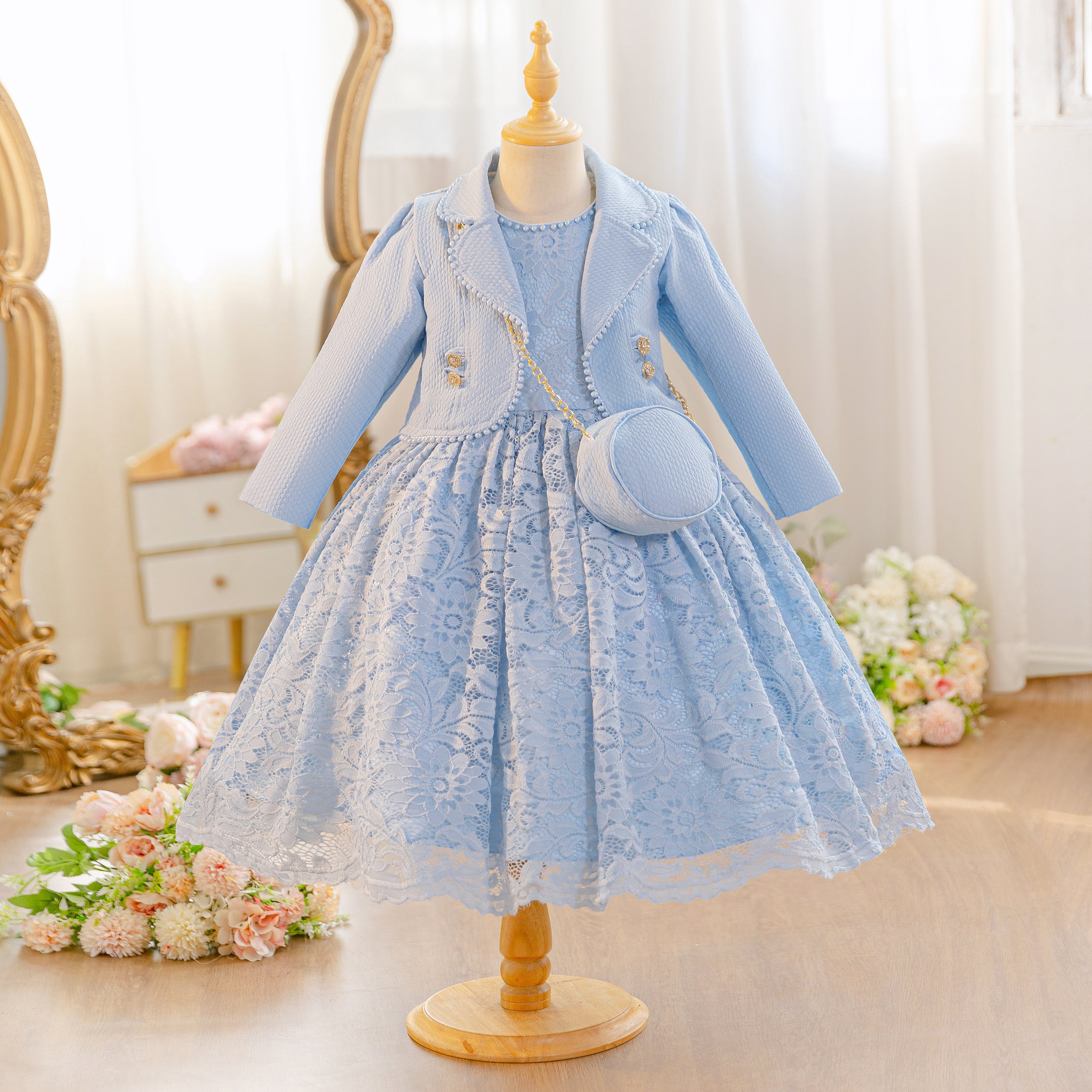 Wholesale 4-10Y Girls 3Pcs Lace Princess Dress Set, Kids Birthday Party Blazer Coat Soft Woven Formal Outfit with Mini Bag