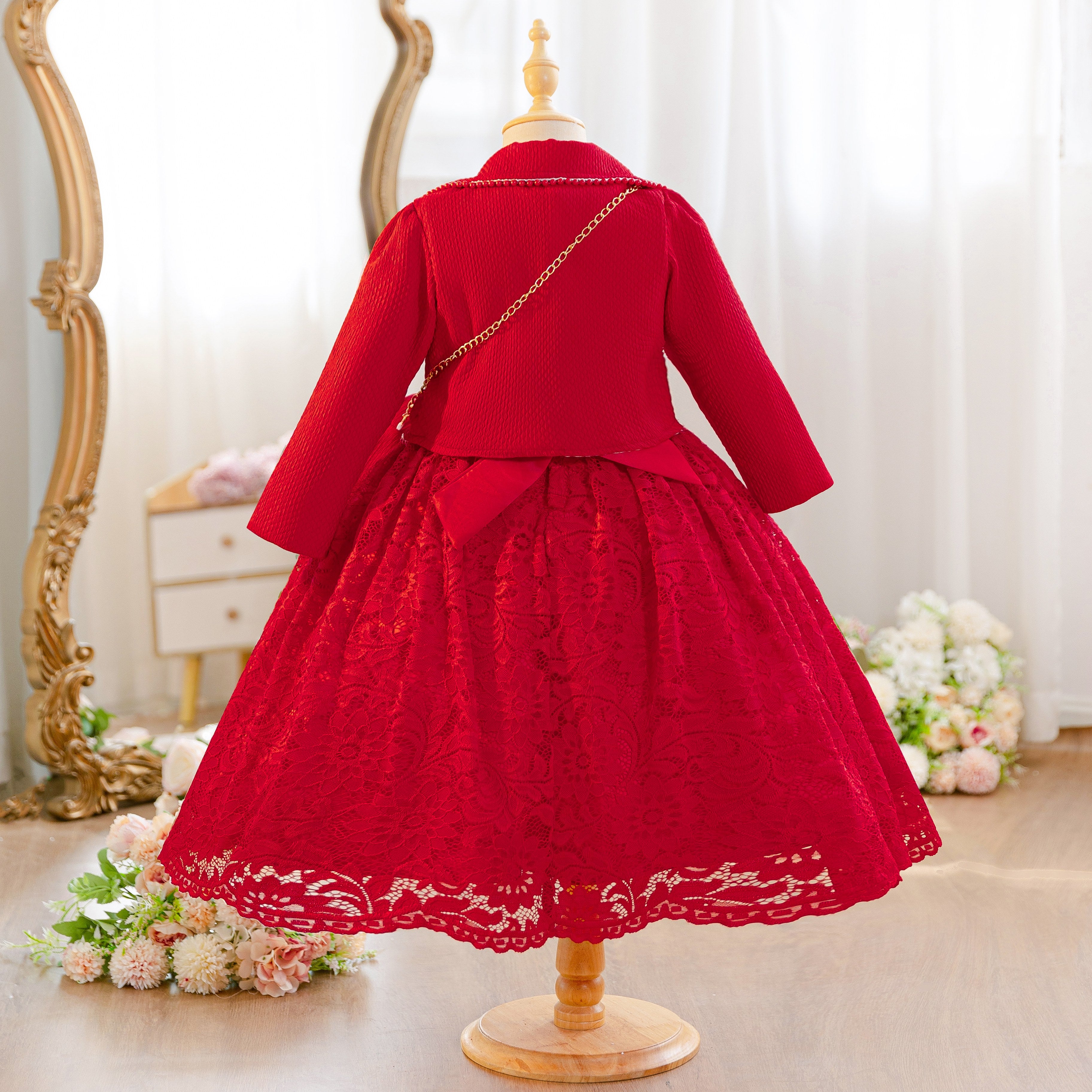 Wholesale 4-10Y Girls 3Pcs Lace Princess Dress Set, Kids Birthday Party Blazer Coat Soft Woven Formal Outfit with Mini Bag