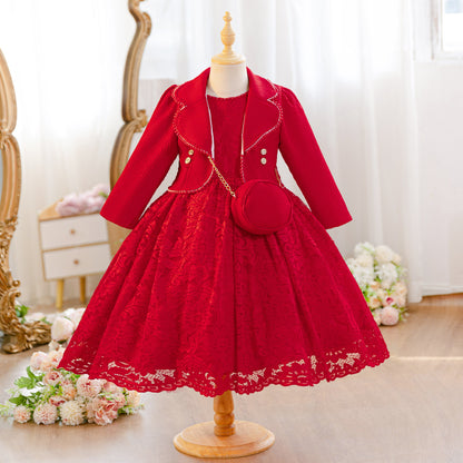 Wholesale 4-10Y Girls 3Pcs Lace Princess Dress Set, Kids Birthday Party Blazer Coat Soft Woven Formal Outfit with Mini Bag