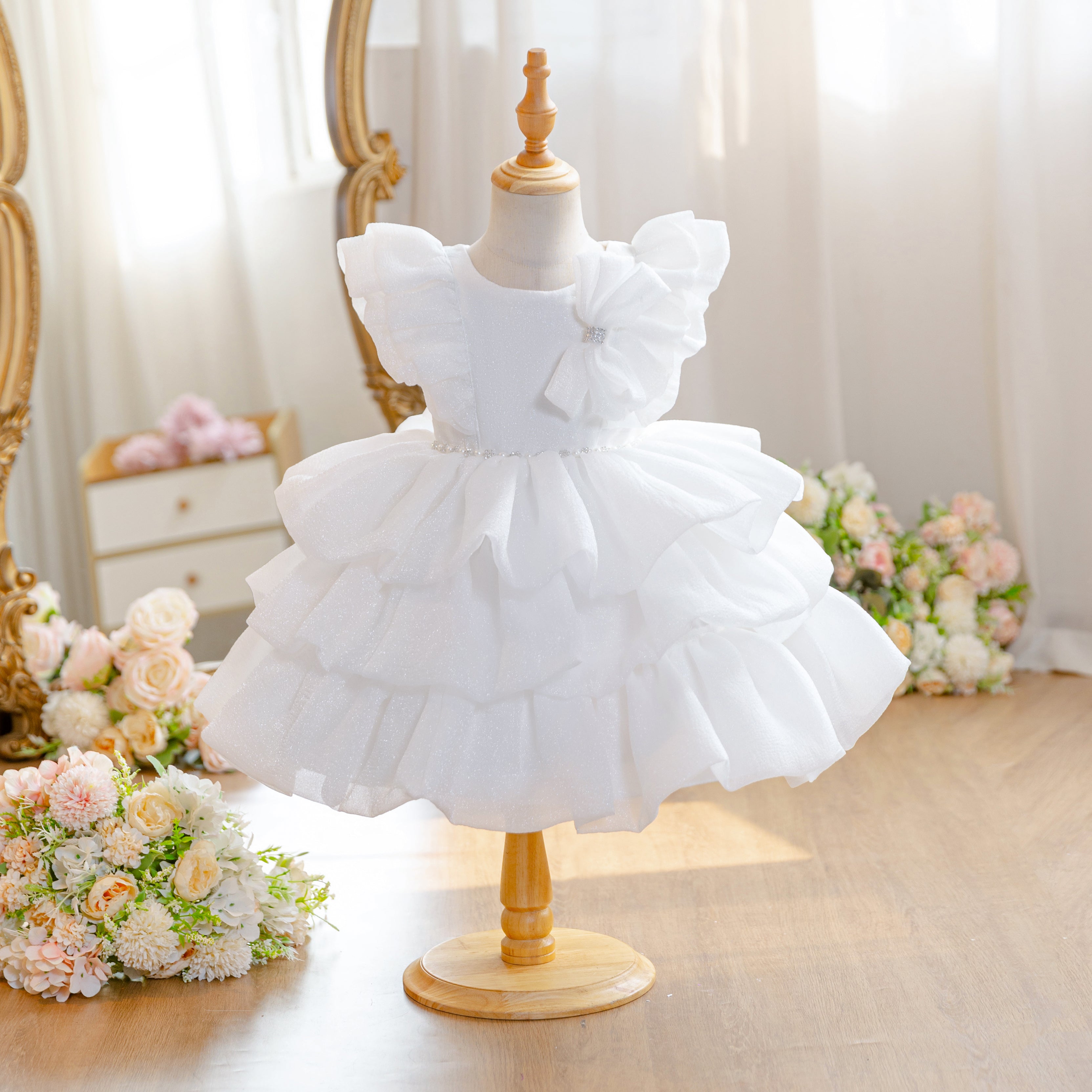Wholesale 18M-7Y Girls Flutter Bow Glitter Tiered Tulle Princess Dress, Kids Birthday Party Pearl Waist Soft Mesh Formal Gown
