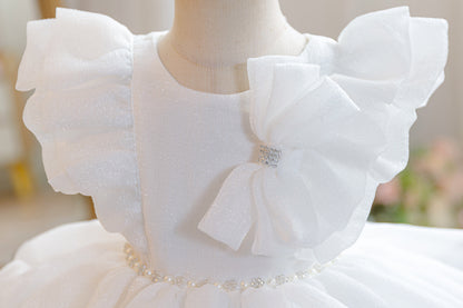 Wholesale 18M-7Y Girls Flutter Bow Glitter Tiered Tulle Princess Dress, Kids Birthday Party Pearl Waist Soft Mesh Formal Gown