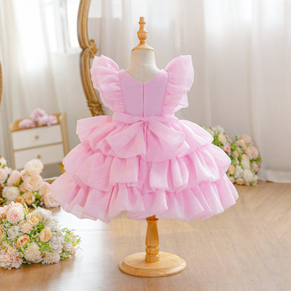 Wholesale 18M-7Y Girls Flutter Bow Glitter Tiered Tulle Princess Dress, Kids Birthday Party Pearl Waist Soft Mesh Formal Gown