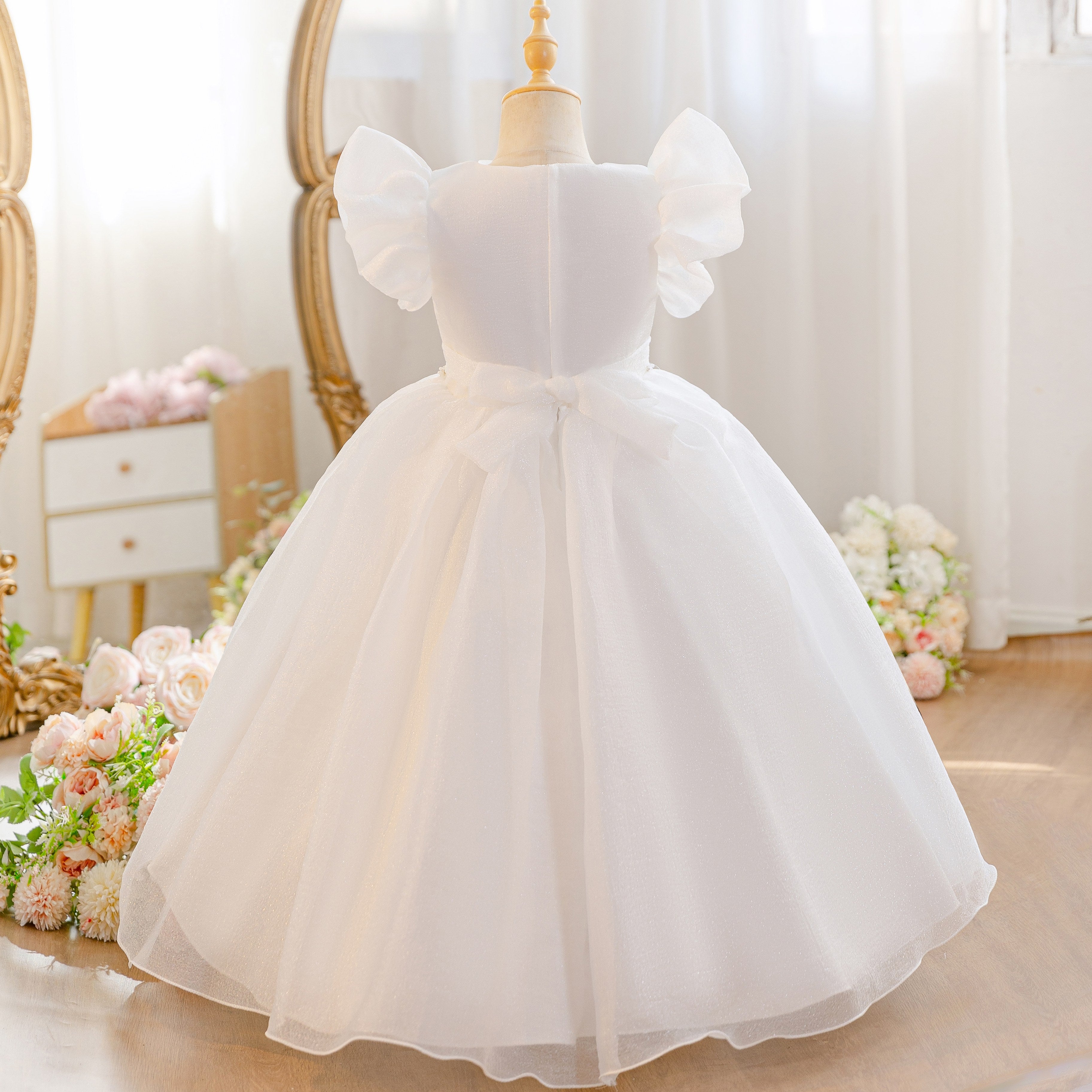 Wholesale 5-11Y Girls 3D Rose Tulle Princess Dress, Kids Birthday Party Pearl Waist Soft Shimmer Mesh Formal Gown