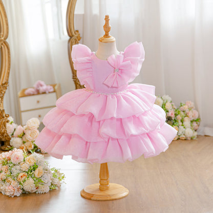 Wholesale 18M-7Y Girls Flutter Bow Glitter Tiered Tulle Princess Dress, Kids Birthday Party Pearl Waist Soft Mesh Formal Gown