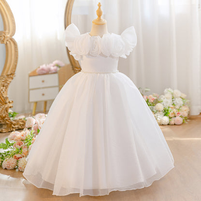 Wholesale 5-11Y Girls 3D Rose Tulle Princess Dress, Kids Birthday Party Pearl Waist Soft Shimmer Mesh Formal Gown