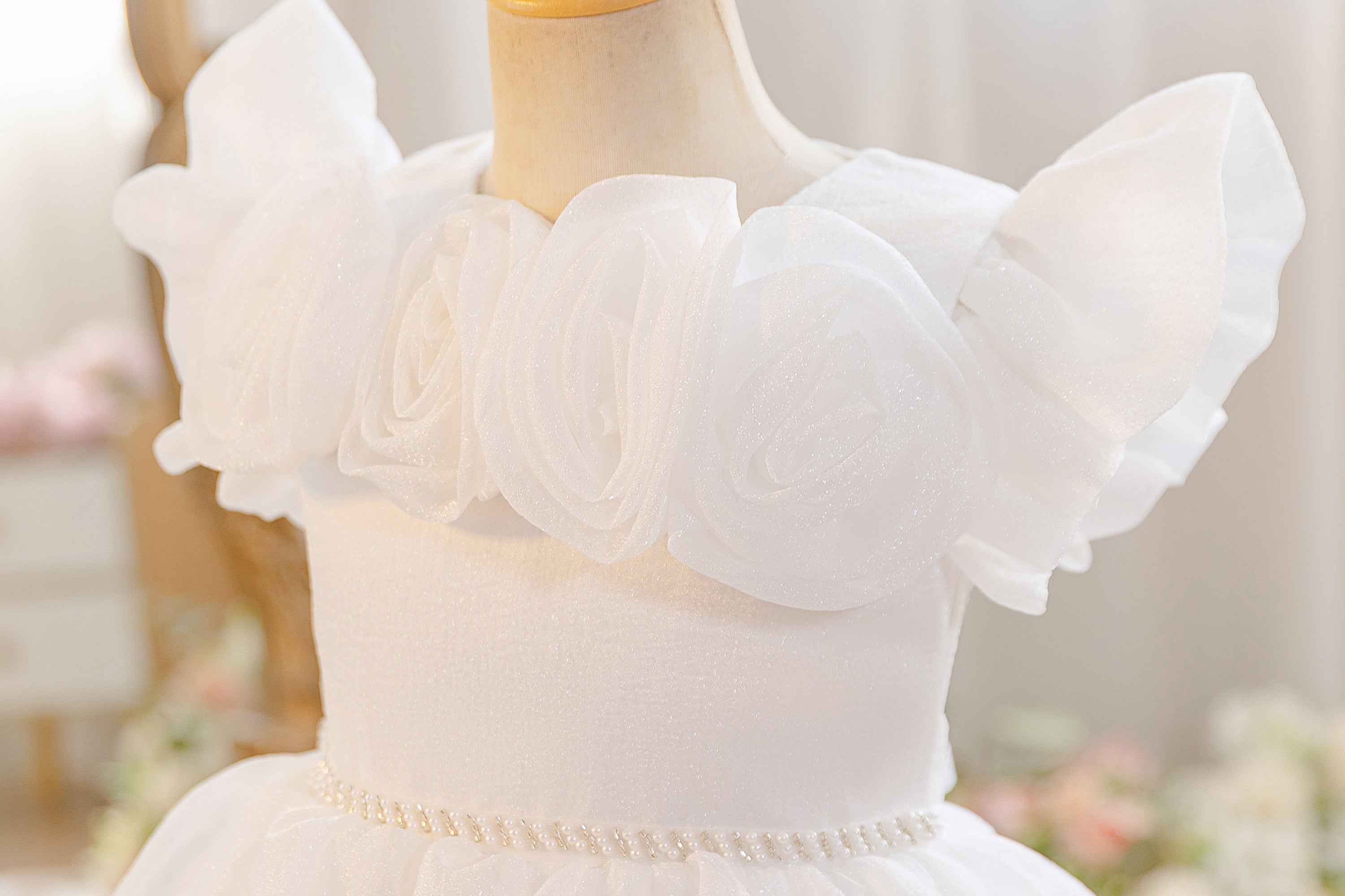 Wholesale 5-11Y Girls 3D Rose Tulle Princess Dress, Kids Birthday Party Pearl Waist Soft Shimmer Mesh Formal Gown